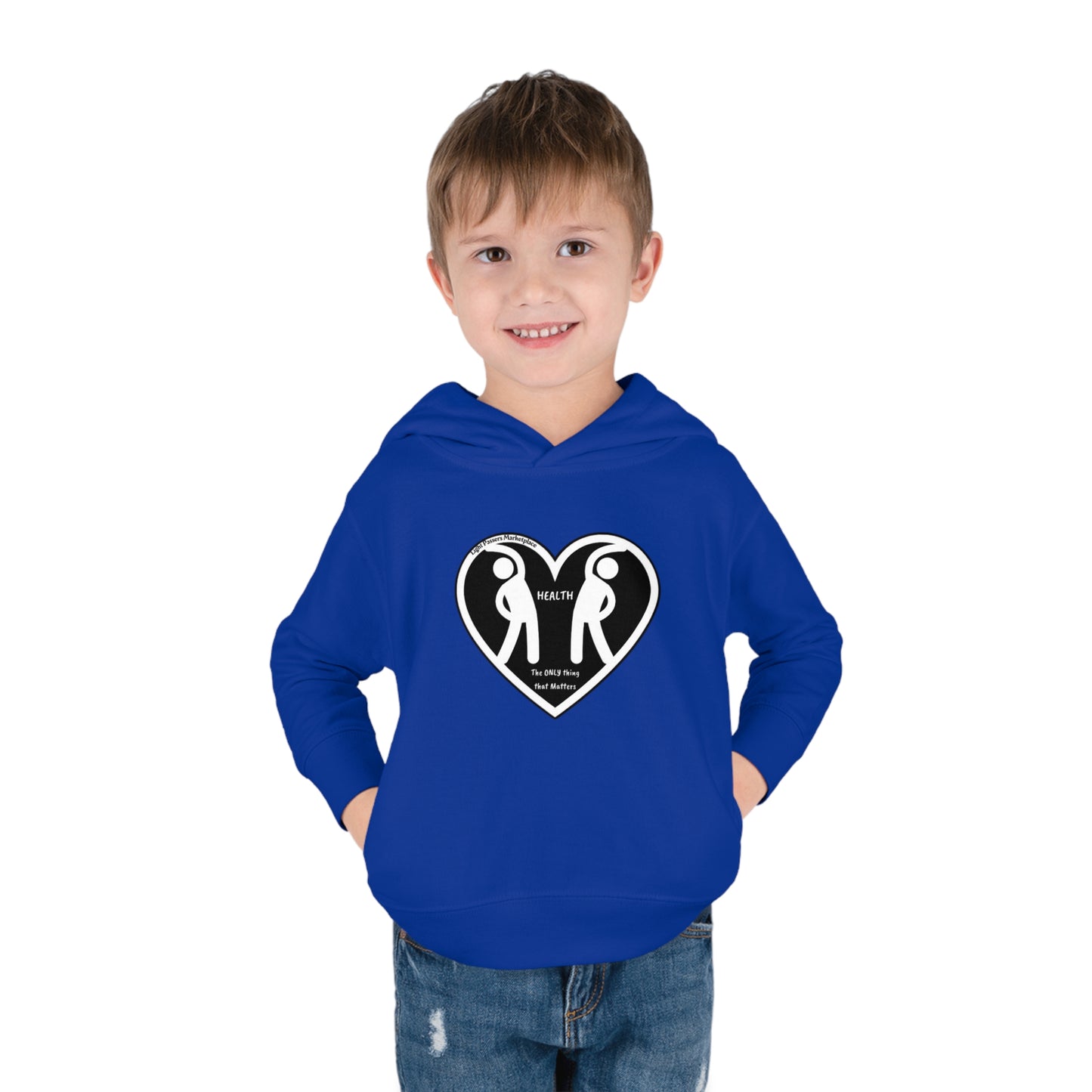 A toddler in a blue hoodie with a heart design featuring two people, showcasing side-seam pockets and durable fabric for active play.