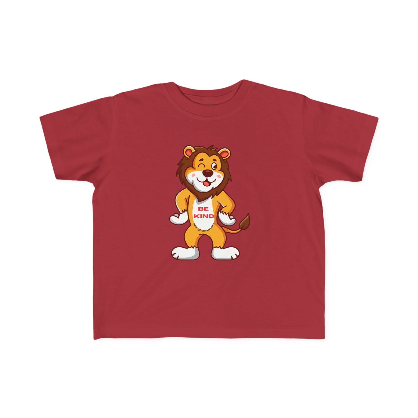 A red toddler t-shirt featuring a cartoon lion design, ideal for sensitive skin. Made of 100% combed cotton, with a durable print and tear-away label.