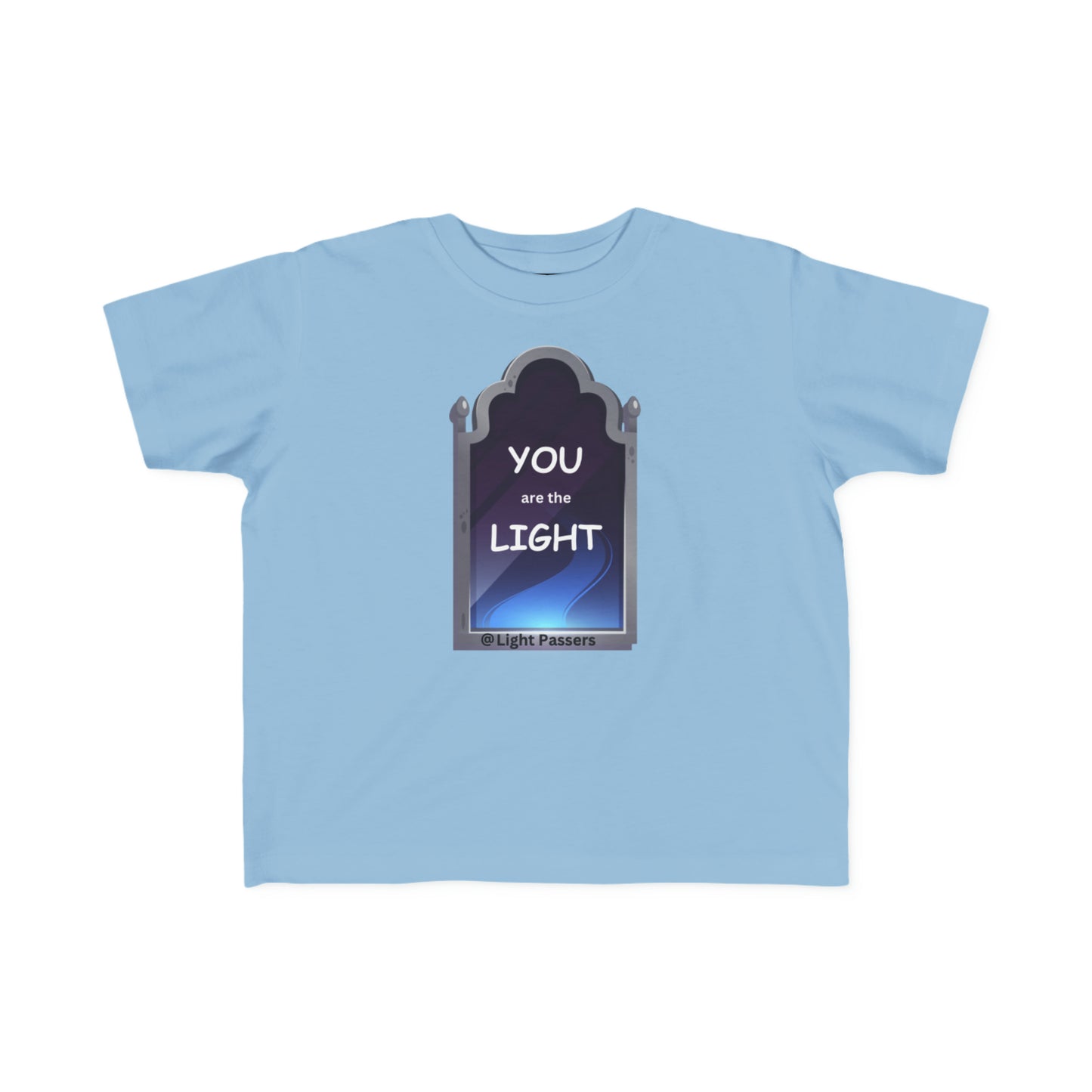 A light blue toddler t-shirt with a high-quality graphic print. Made of soft 100% combed cotton, tear-away label, and a classic fit. Ideal for sensitive skin.