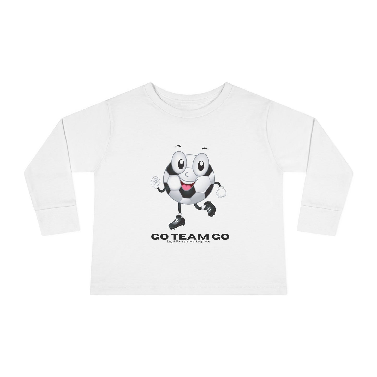 Soccer Ball Guy Toddler Long Sleeve featuring a cartoon football with legs and shoes, perfect for young sports enthusiasts and casual wear.