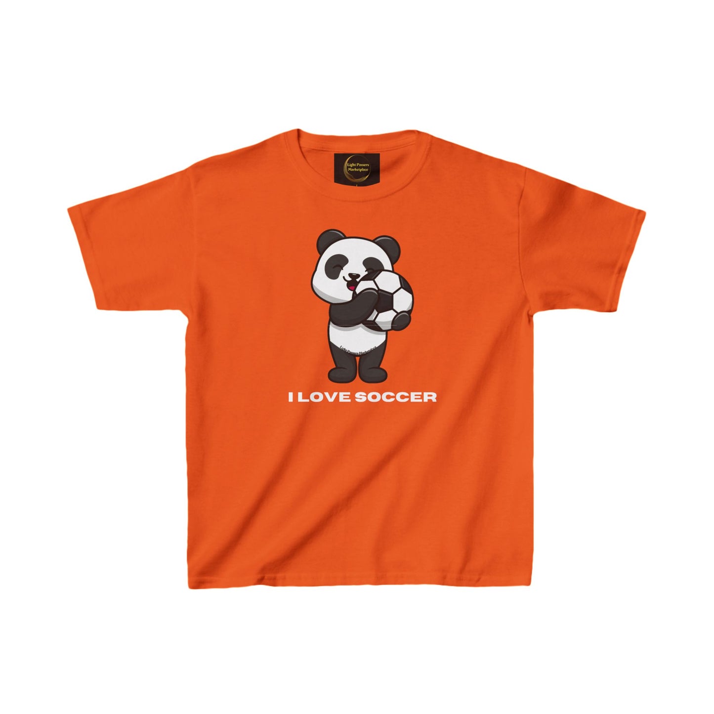 Teams Panda I Love Soccer Youth T-shirt featuring a cartoon panda holding a soccer ball, made of 100% midweight cotton with a ribbed knit collar and classic fit.
