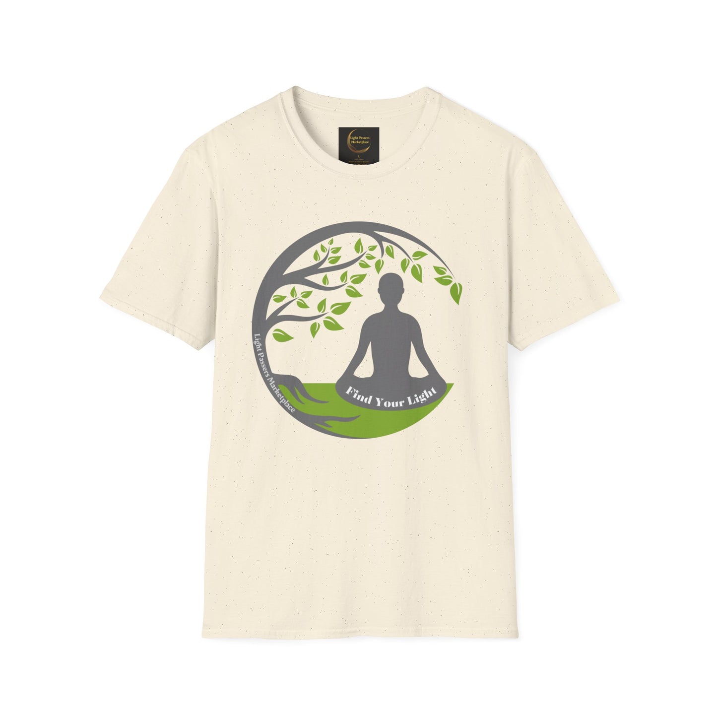 A white unisex t-shirt featuring a logo of a person meditating under a tree, embodying comfort and style. Made of soft 100% cotton with twill tape shoulders and a ribbed collar for durability.