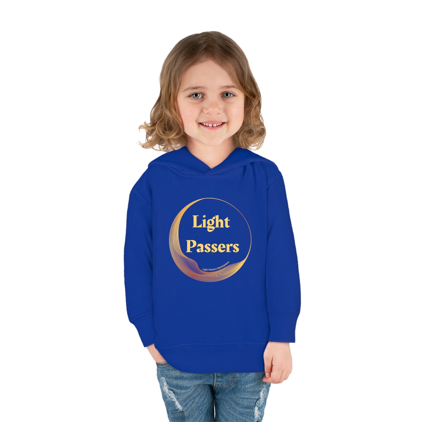 A child in a blue Rabbit Skins toddler hoodie with a logo, smiling at the camera. Features jersey-lined hood, side-seam pockets, and durable stitching for lasting coziness.