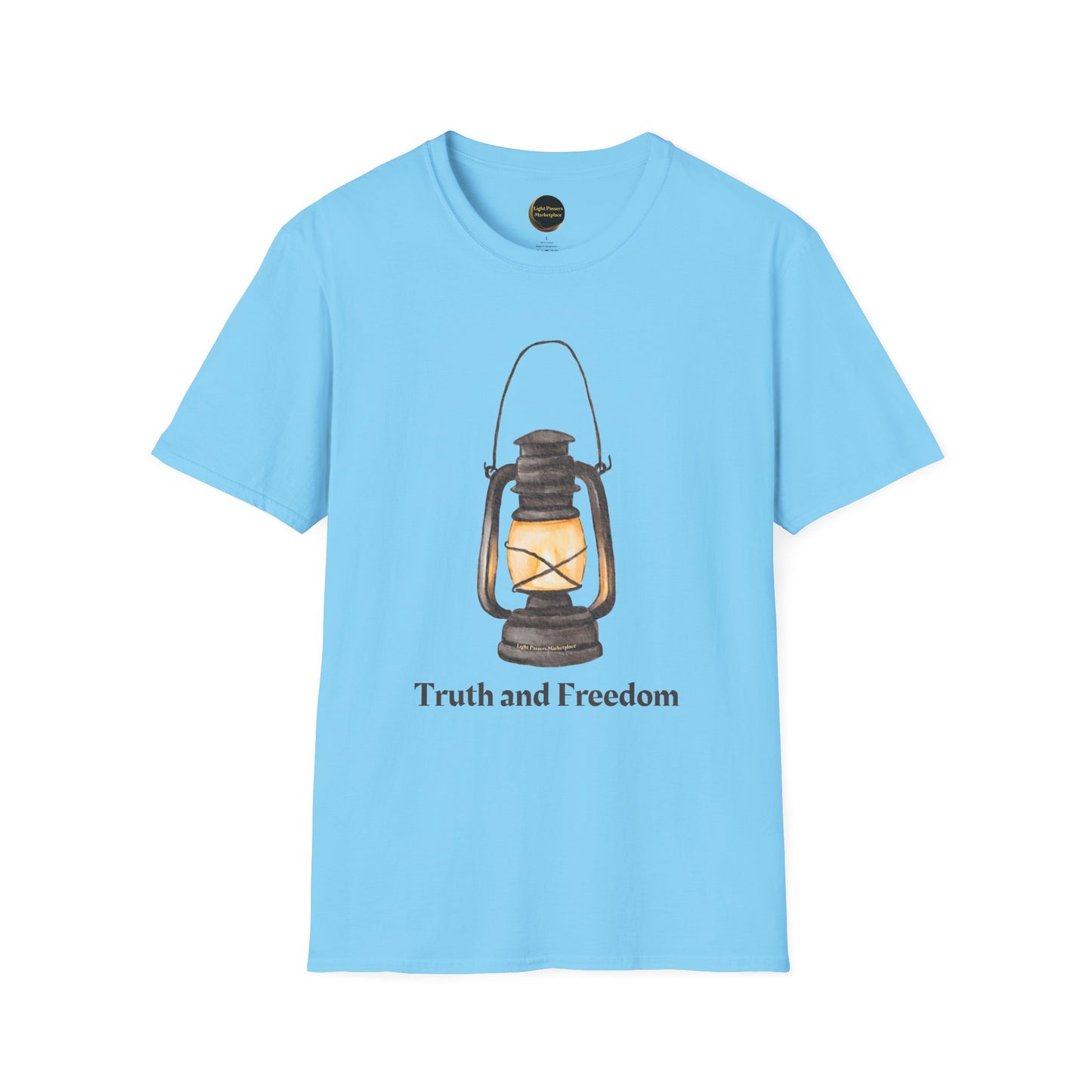 The Light 'Truth and Freedom' Lantern Adult Unisex T-shirt features a vintage lantern design, symbolizing inspiration from Light Passers Marketplace.