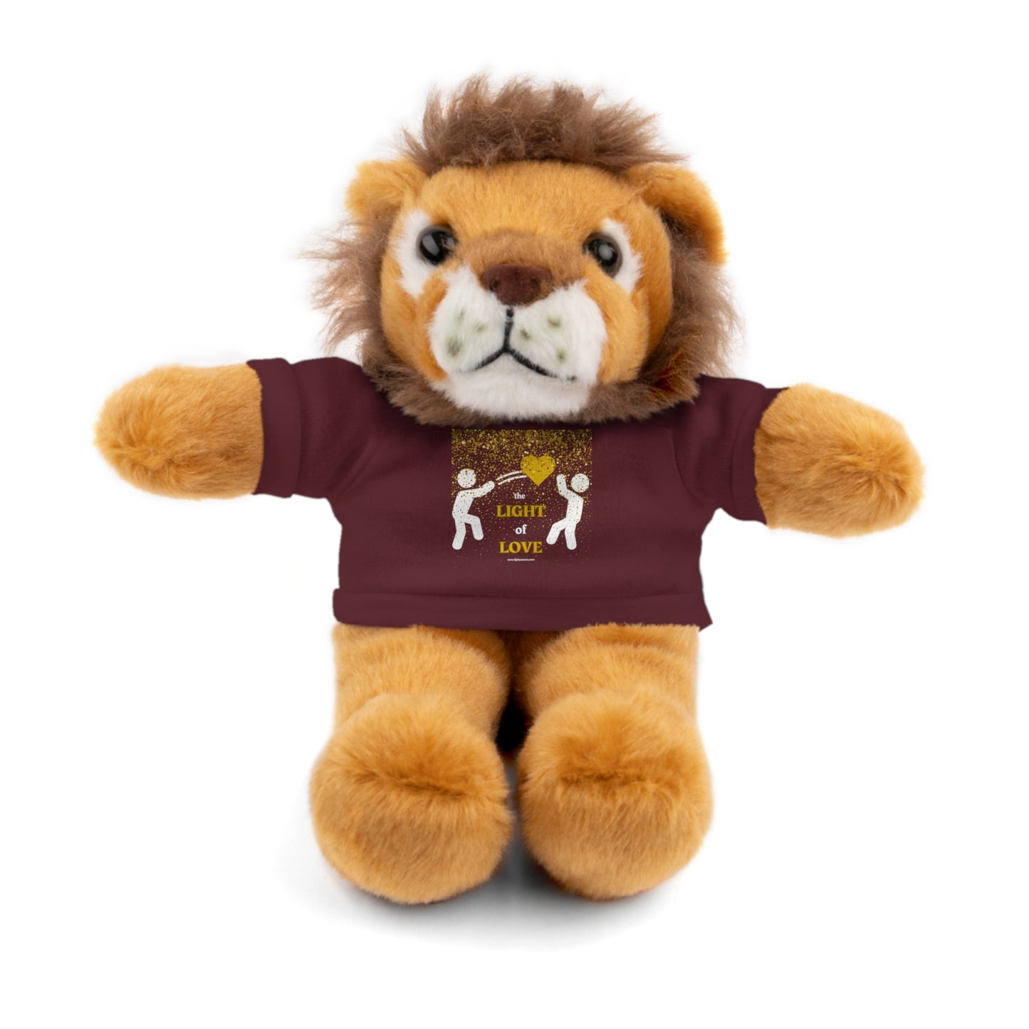 Stuffed animal wearing a shirt, part of Cool Stuff Stuffies Light of Love collection, 8 inches tall, with polyester stuffing and customizable cotton tee.