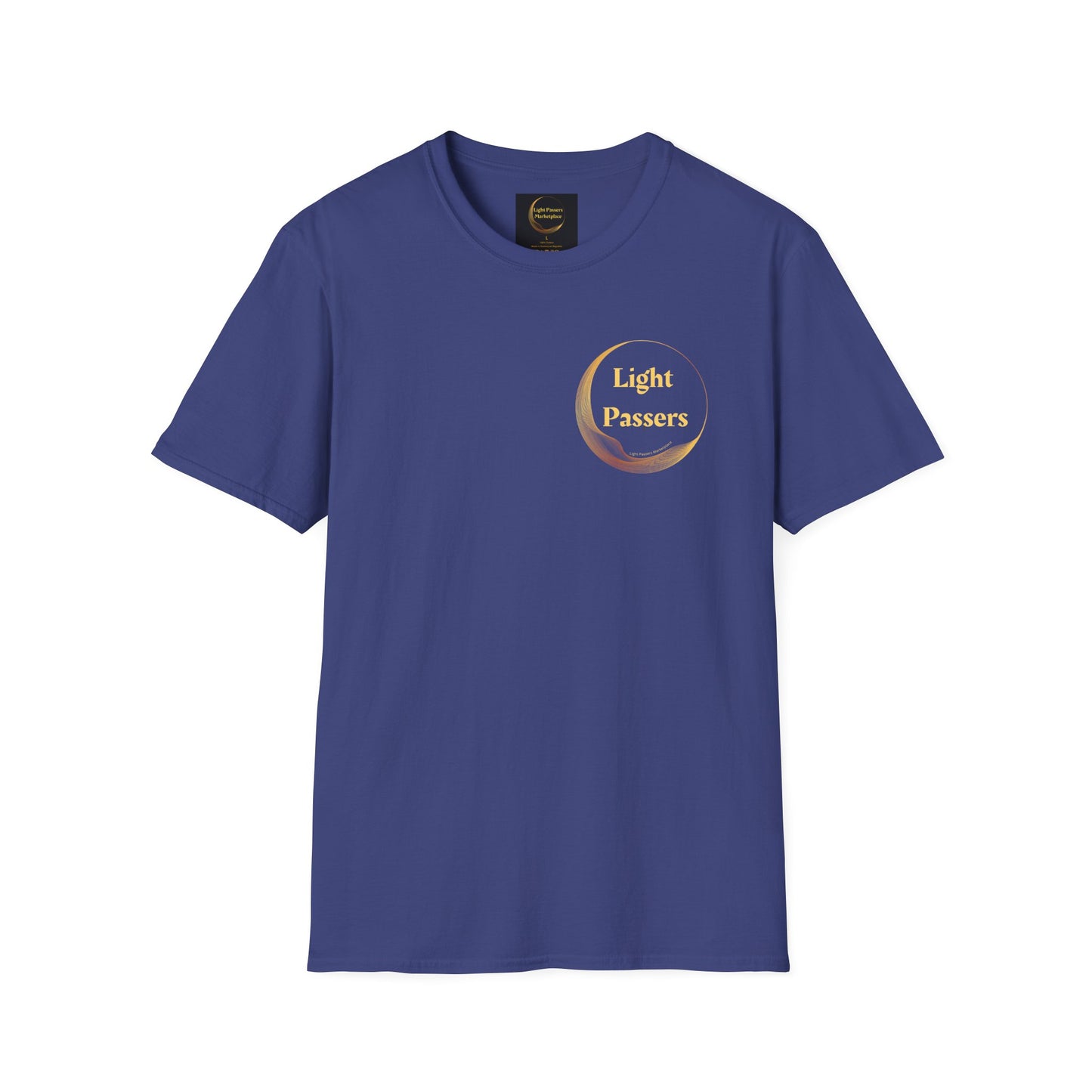 A blue unisex t-shirt featuring a logo on the front, emphasizing premium cotton fabric, seamless design, and durable construction for comfortable wear.