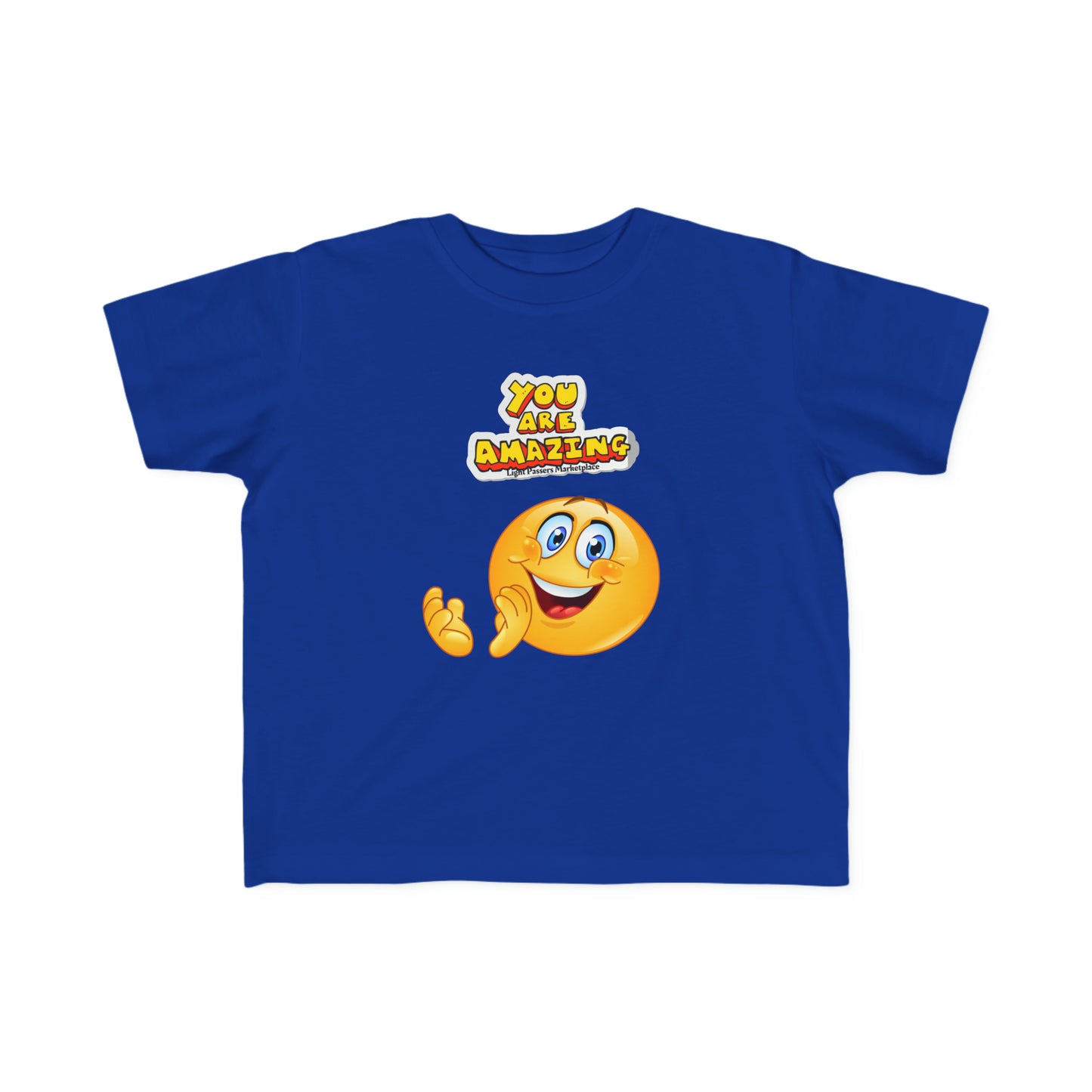 A toddler t-shirt featuring a smiley face cartoon print. Made of soft, 100% combed cotton for sensitive skin, with a durable, high-quality design. Classic fit, tear-away label, and true-to-size.
