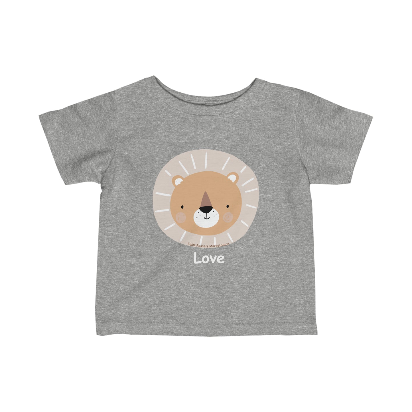 Infant fine jersey tee with a lion face cartoon design on a grey shirt. Features side seams, ribbed knitting, and taped shoulders for durability and comfort. Lion Love Baby T-shirt for younglings.