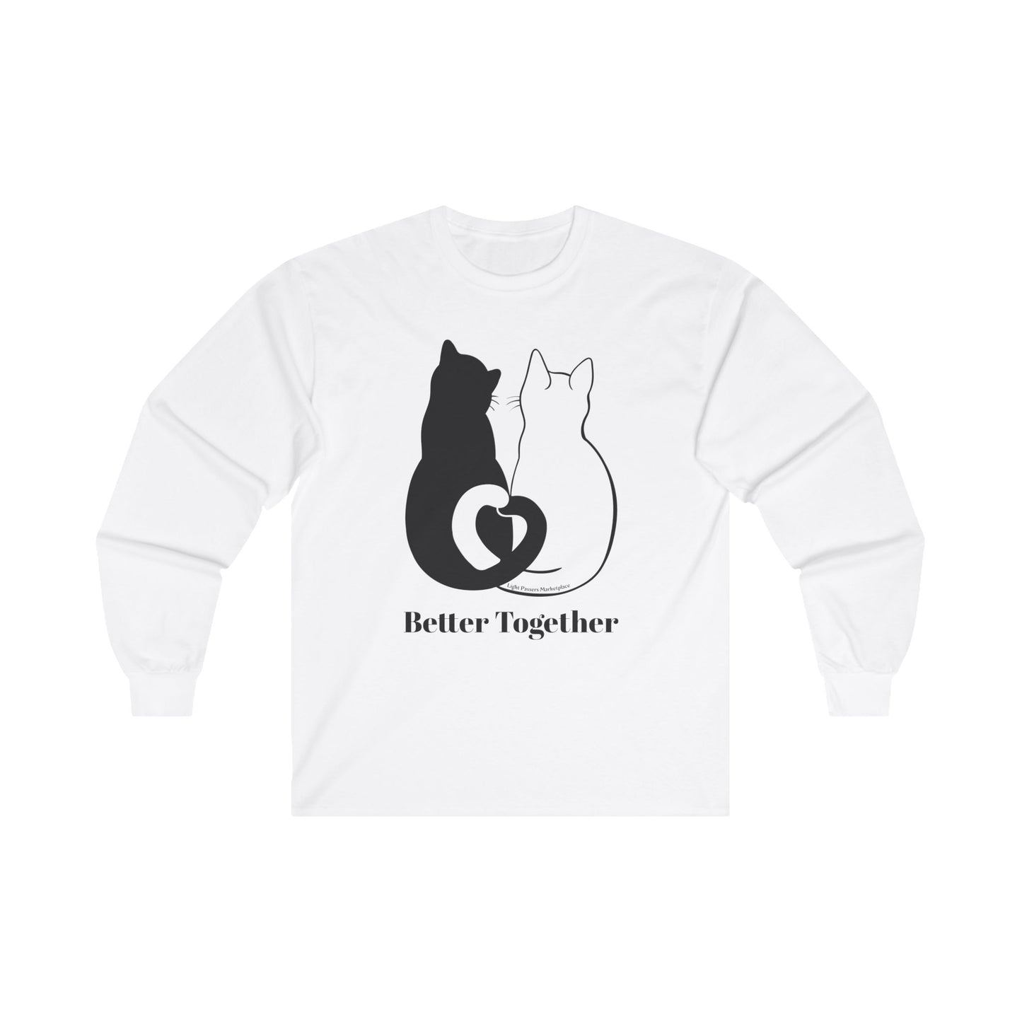 Love and Peace 2 Cat Love Tails Long Sleeve features black and white cat design on a white shirt, symbolizing unity and affection.