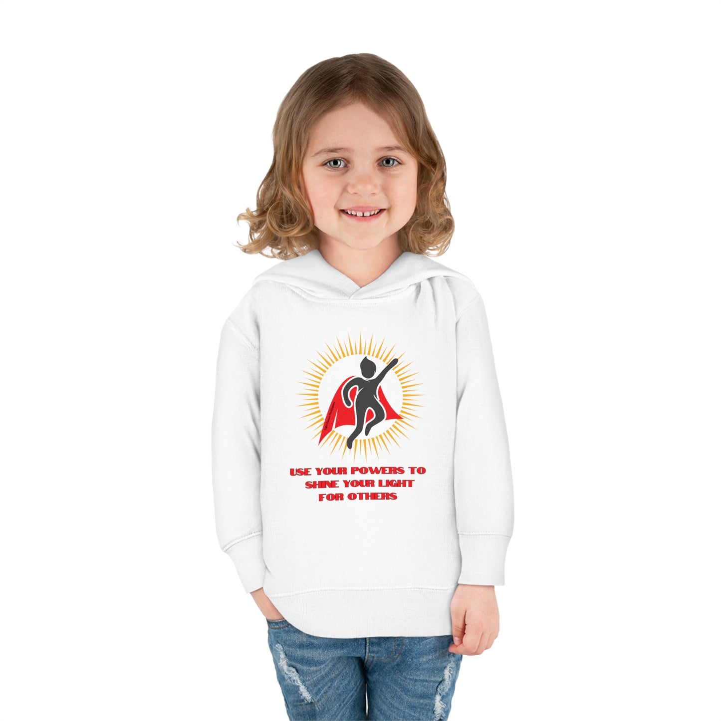 A toddler in a white Rabbit Skins hoodie with a logo, smiling. Features jersey-lined hood, cover-stitched details, and side pockets for comfort and durability.
