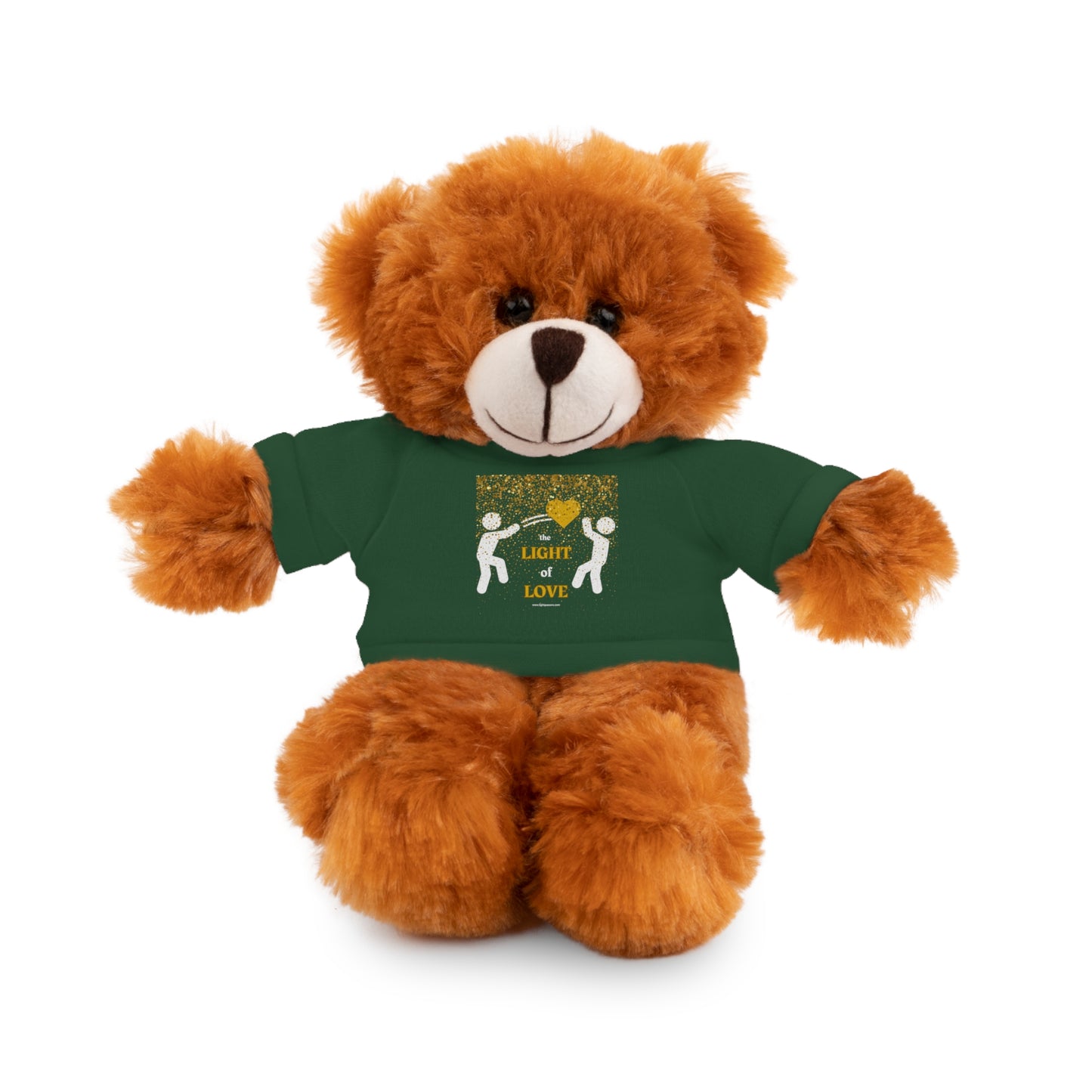 Cool Stuff Stuffies Light of Love Gold Heart: An 8-inch bear in a green shirt, crafted with polyester stuffing and a cotton tee, perfect for children aged 3+.