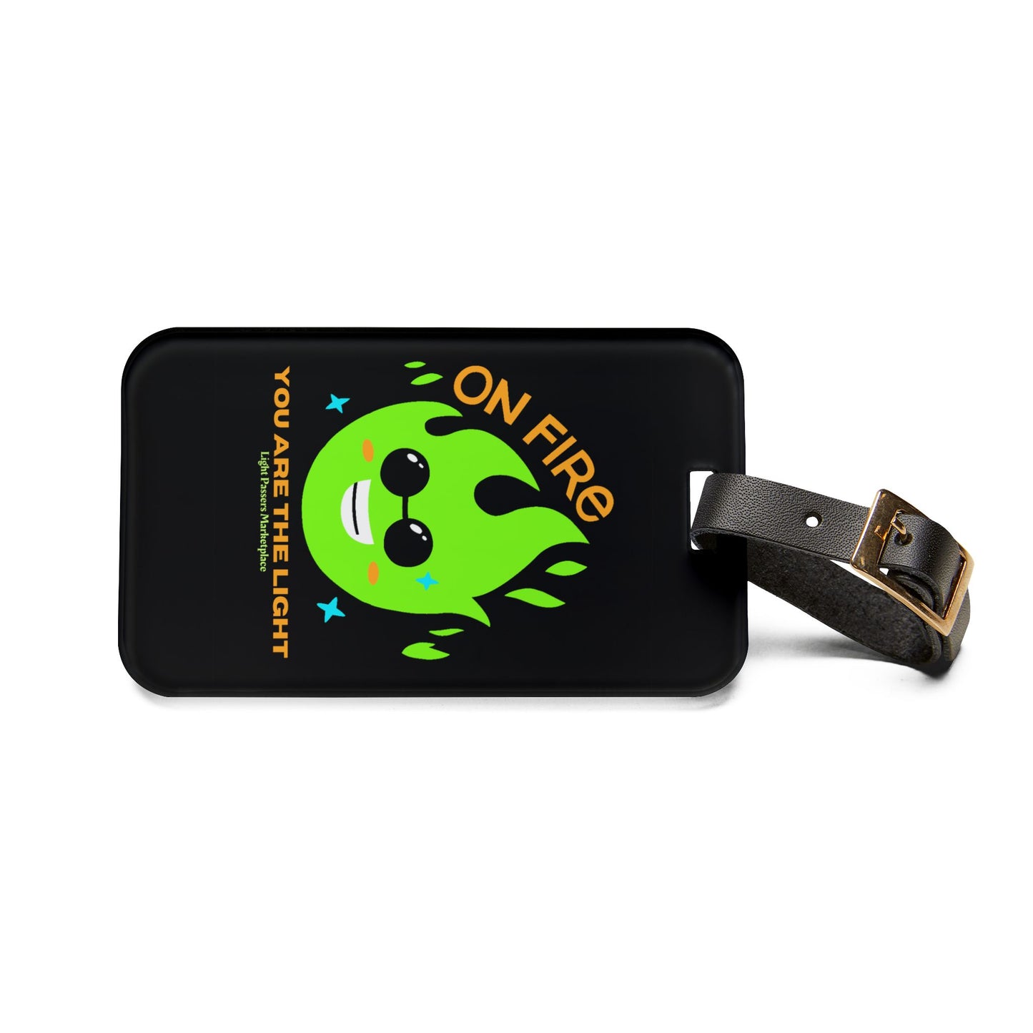 Luggage Tag On Fire You are the Light: black tag with green cartoon character, sunglasses, black leather strap, and vibrant design, ideal for travel positivity.