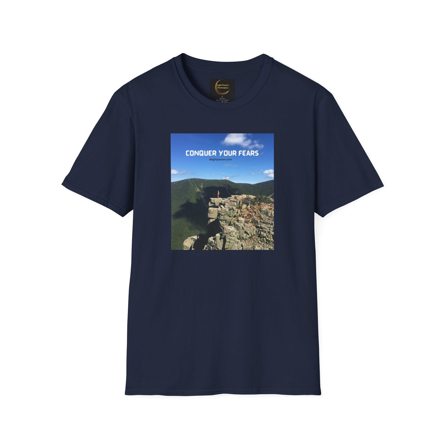 Unisex Conquer Your Fears Hiking T-shirt featuring a mountain print. 100% cotton, no side seams, smooth surface for vivid prints, tear-away label, classic fit.