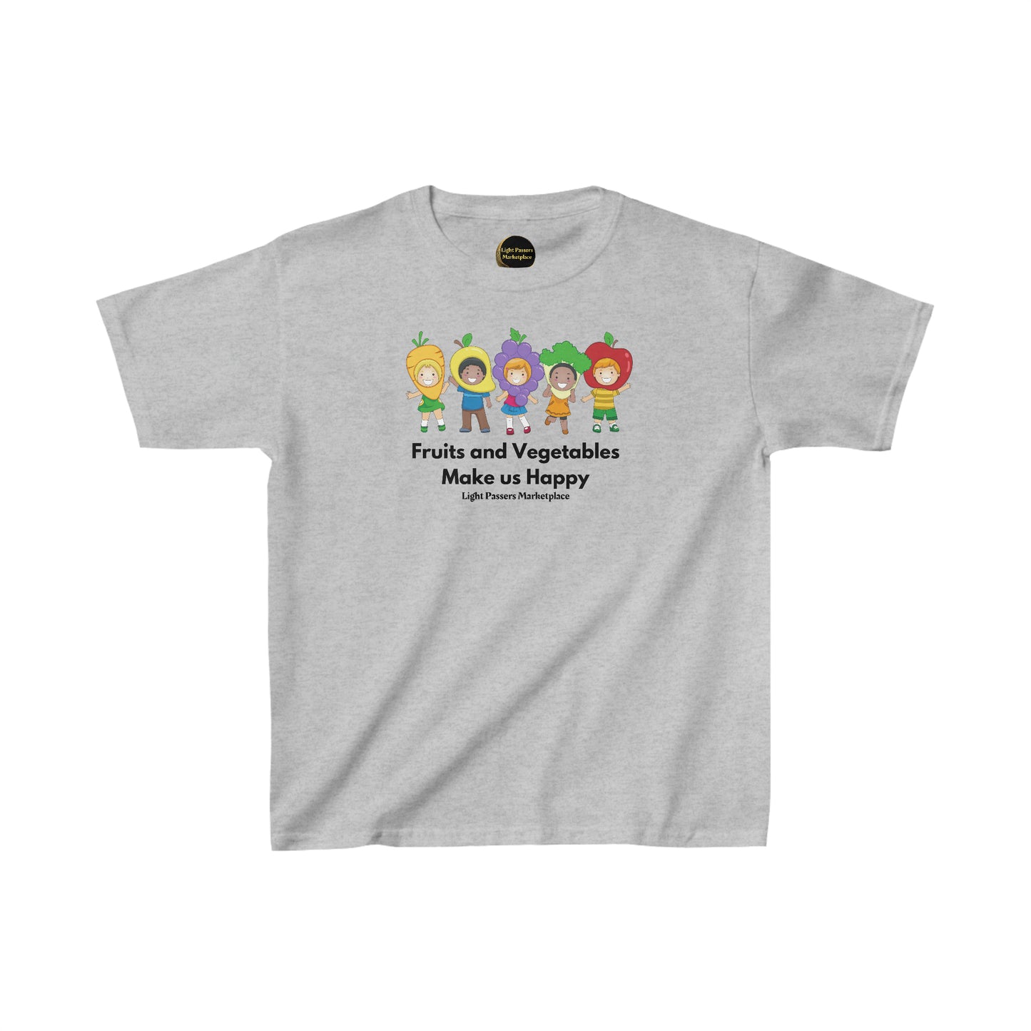 Youth t-shirt featuring cartoon characters of kids in fruit clothing, made of 100% cotton with twill tape shoulders for durability, ribbed collar for curl resistance, and tear-away labels for comfort.