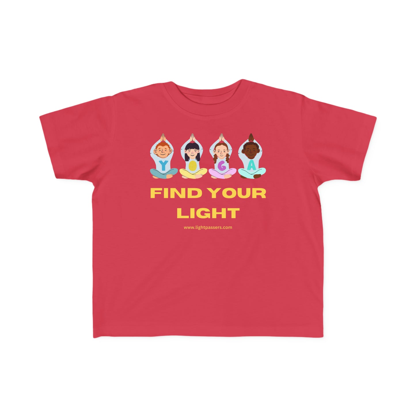 A red toddler t-shirt featuring cartoon characters in yoga poses, made of 100% combed cotton for sensitive skin. Durable print, light fabric, tear-away label, classic fit, true to size.