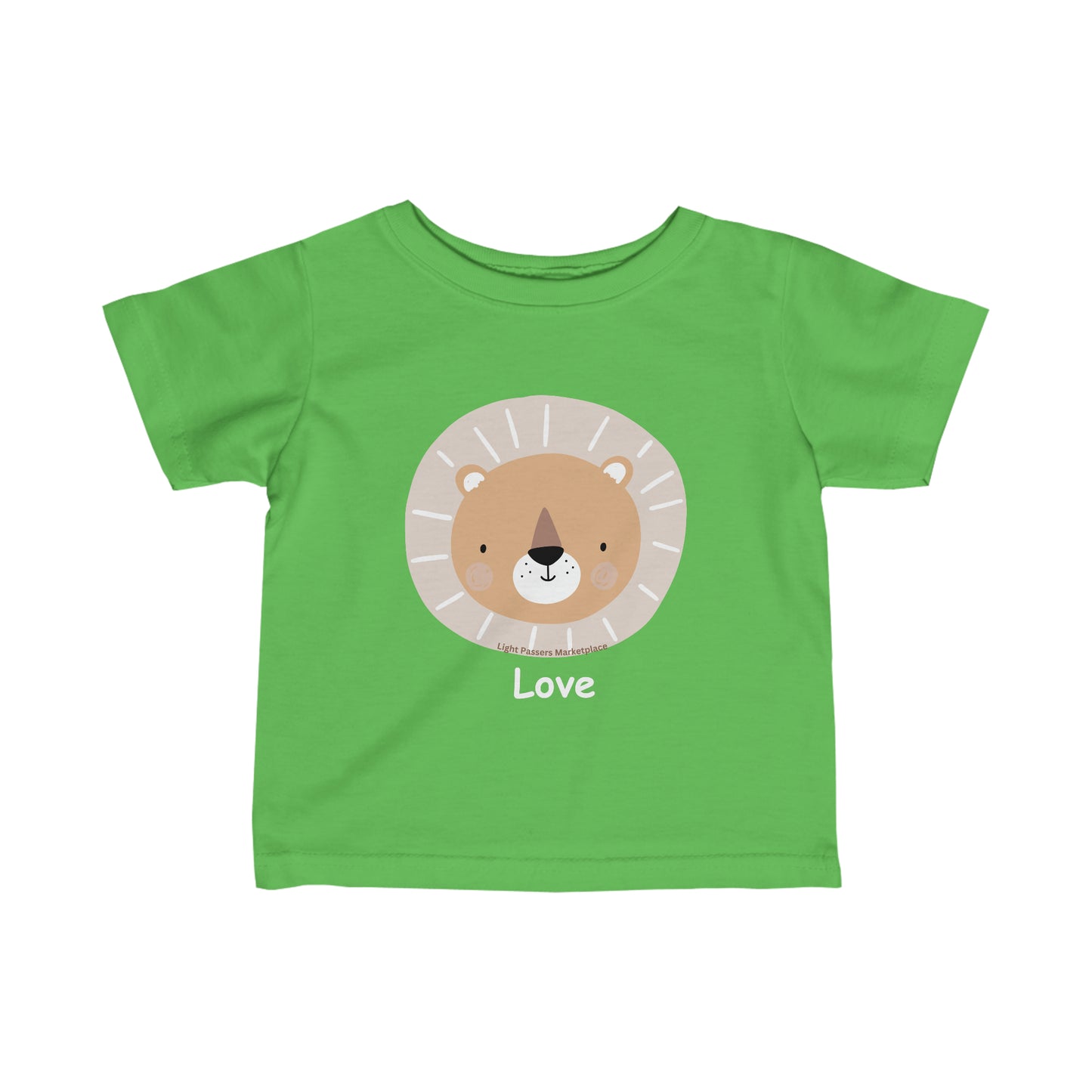 Infant fine jersey tee with a lion face graphic on a green shirt. Features side seams, ribbed knitting, and taped shoulders for durability and comfort. Lion Love Baby T-shirt for younglings.