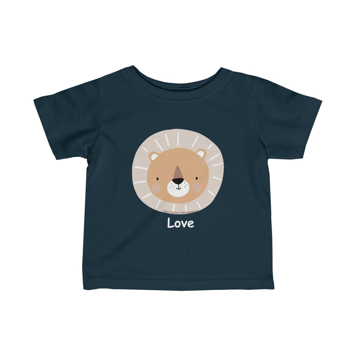 Infant fine jersey tee with lion face graphic. Side seams, ribbed knitting, and taped shoulders for durability and comfort. 100% combed ringspun cotton, light fabric, classic fit. Lion Love Baby T-shirt.