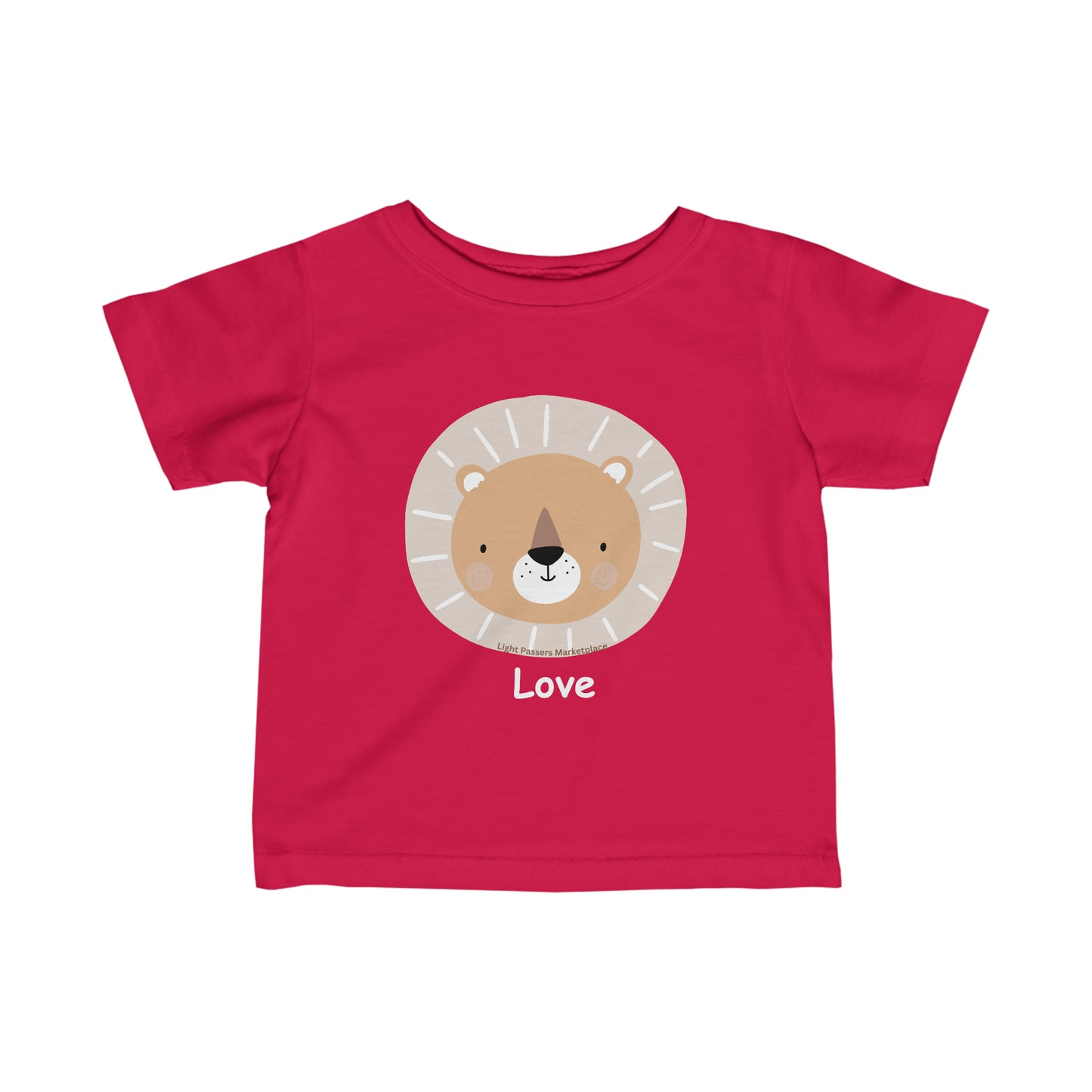 Infant fine jersey tee with lion face graphic, side seams for shape support, ribbed knitting for durability, and taped shoulders for comfort. Lion Love Baby T-shirt in soft ring-spun cotton.