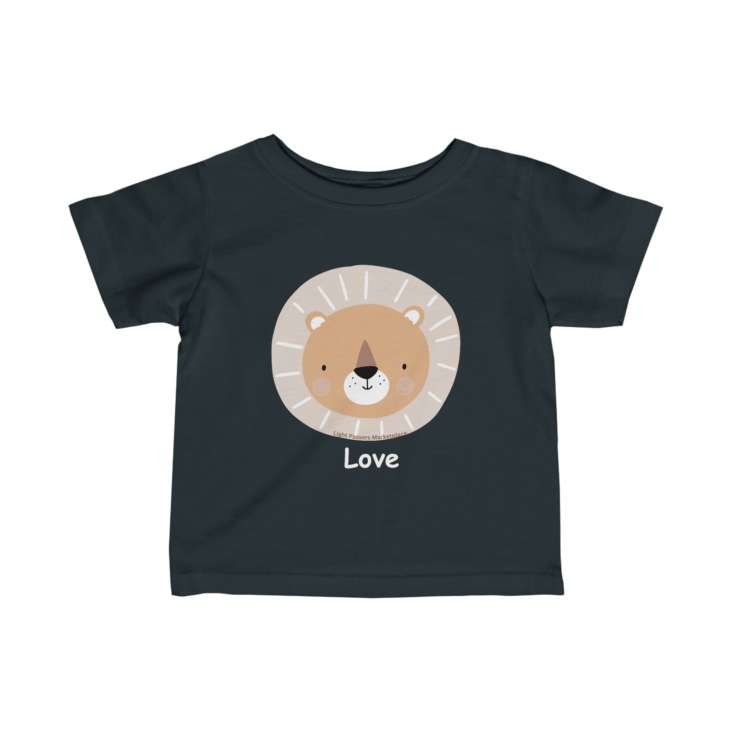 Infant fine jersey tee featuring a lion face design. Side seams for shape support, ribbed knitting for durability, and taped shoulders for a breezy fit. 100% Combed ringspun cotton.
