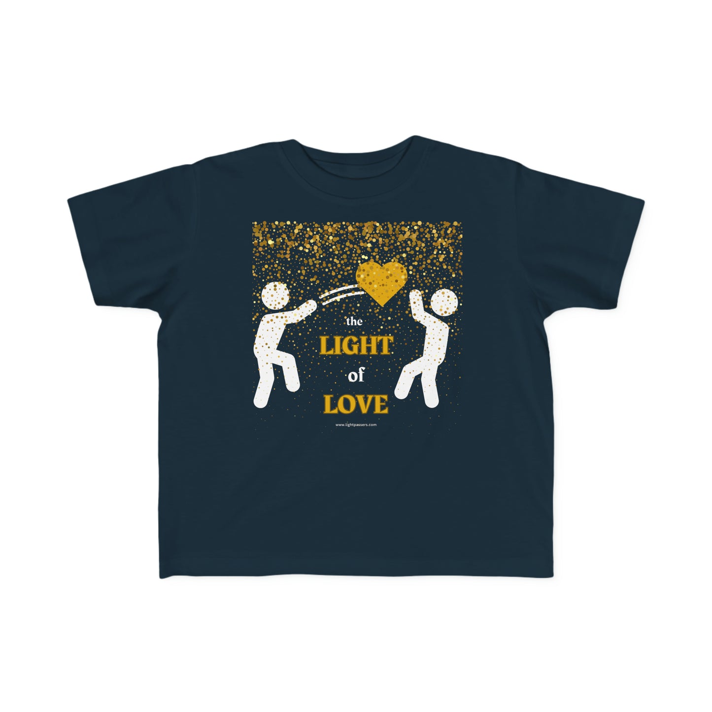 A toddler's tee with a gold heart design, soft combed cotton, durable print, and tear-away label. Perfect for sensitive skin and first adventures.