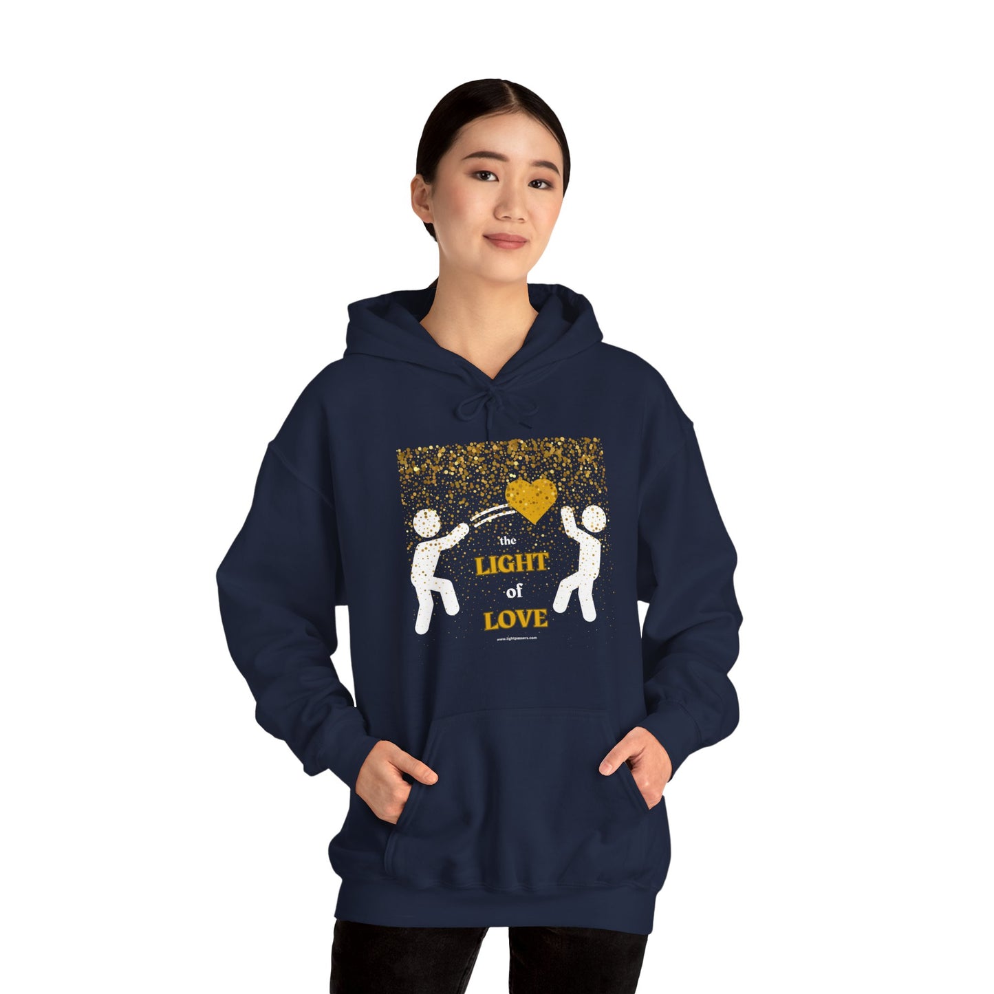 A person in a blue hooded sweatshirt with a kangaroo pocket and drawstring, embodying comfort and warmth. Made of 50% cotton and 50% polyester for a cozy feel.