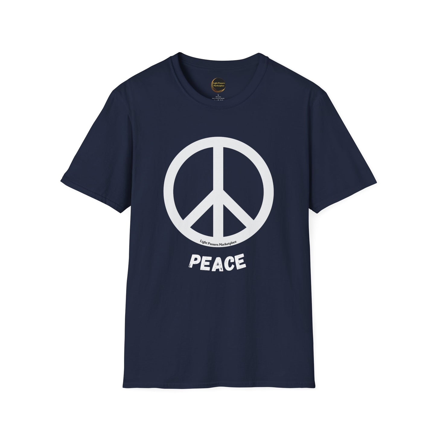 Love and Peace Black or White Peace Sign Adult Unisex T-Shirt featuring a prominent peace symbol on a soft, durable, and ethically made fabric.