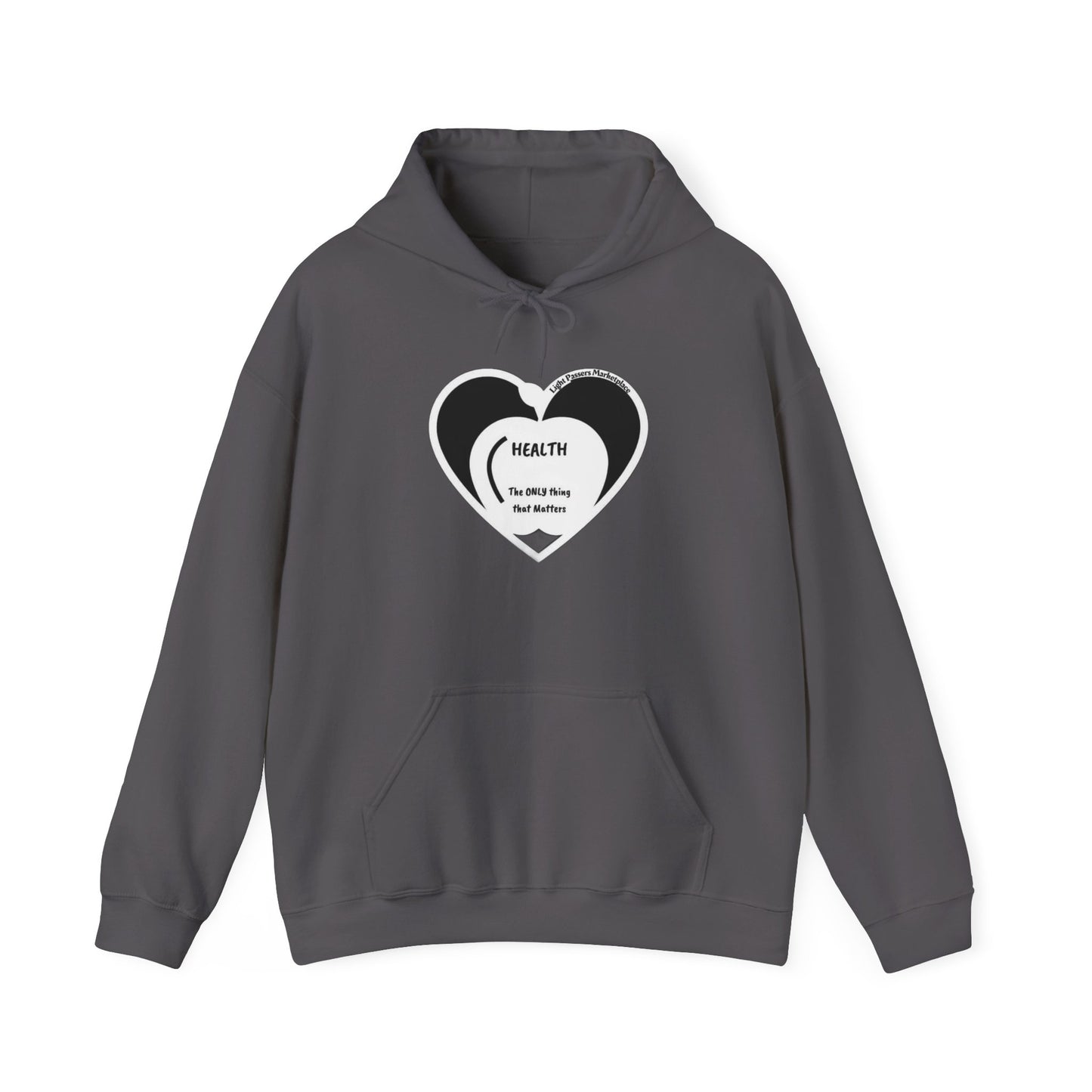 Health Happy Food Apple Adult Unisex Hoodie featuring a heart design, plush cotton-polyester blend, kangaroo pocket, and color-matched drawstring for warmth and style.