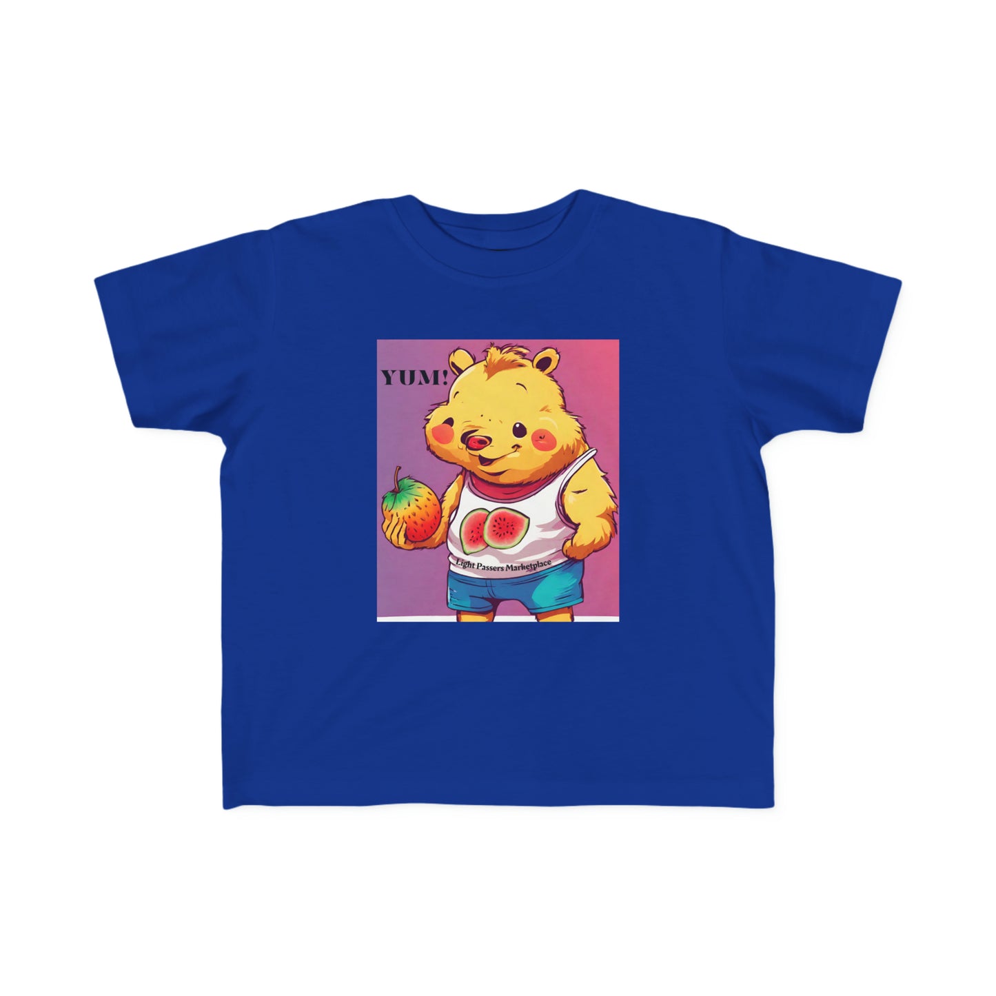 A toddler t-shirt featuring a cartoon bear holding a fruit, embodying a playful design. Made of soft, durable cotton for sensitive skin, with a tear-away label and a classic fit.