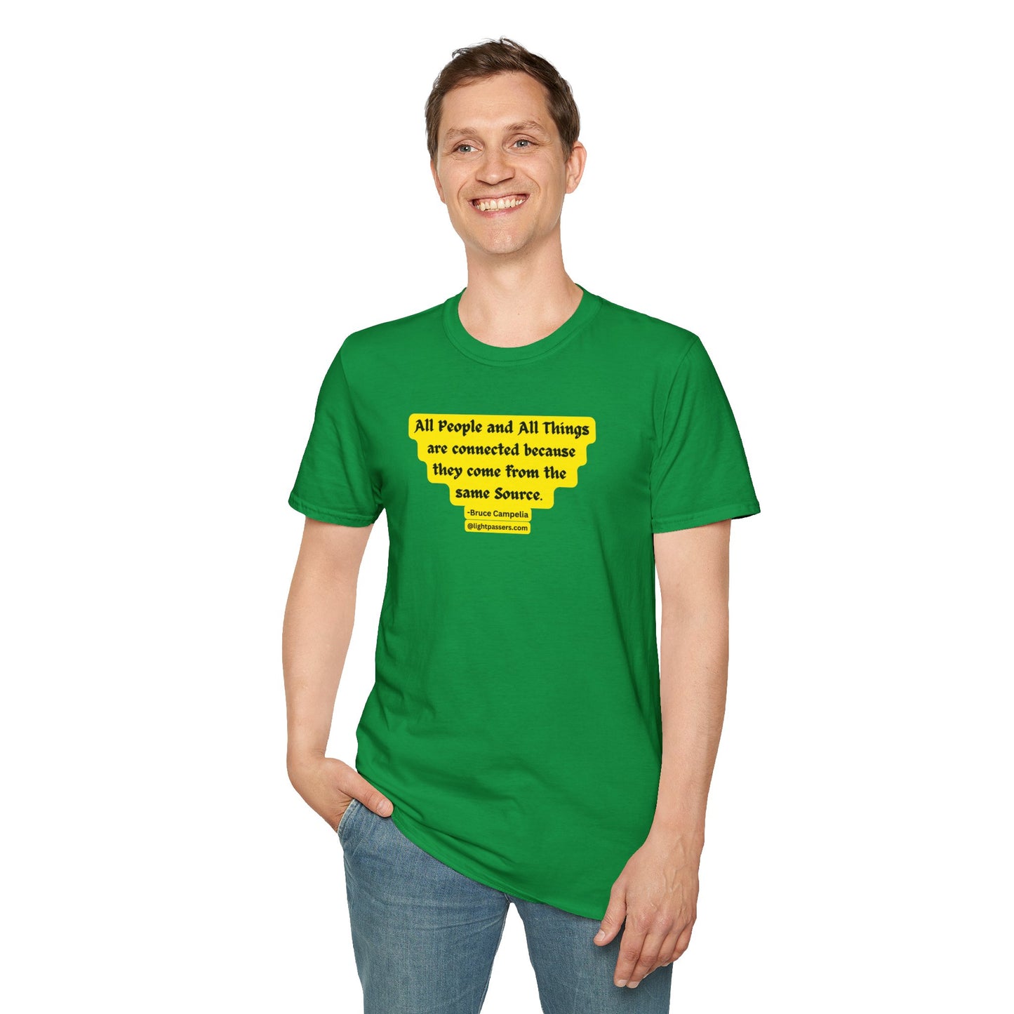 A man in a green shirt smiling, showcasing the All People are Connected Yellow design Unisex T-shirt. Classic fit, 100% cotton tee with no side seams for comfort.