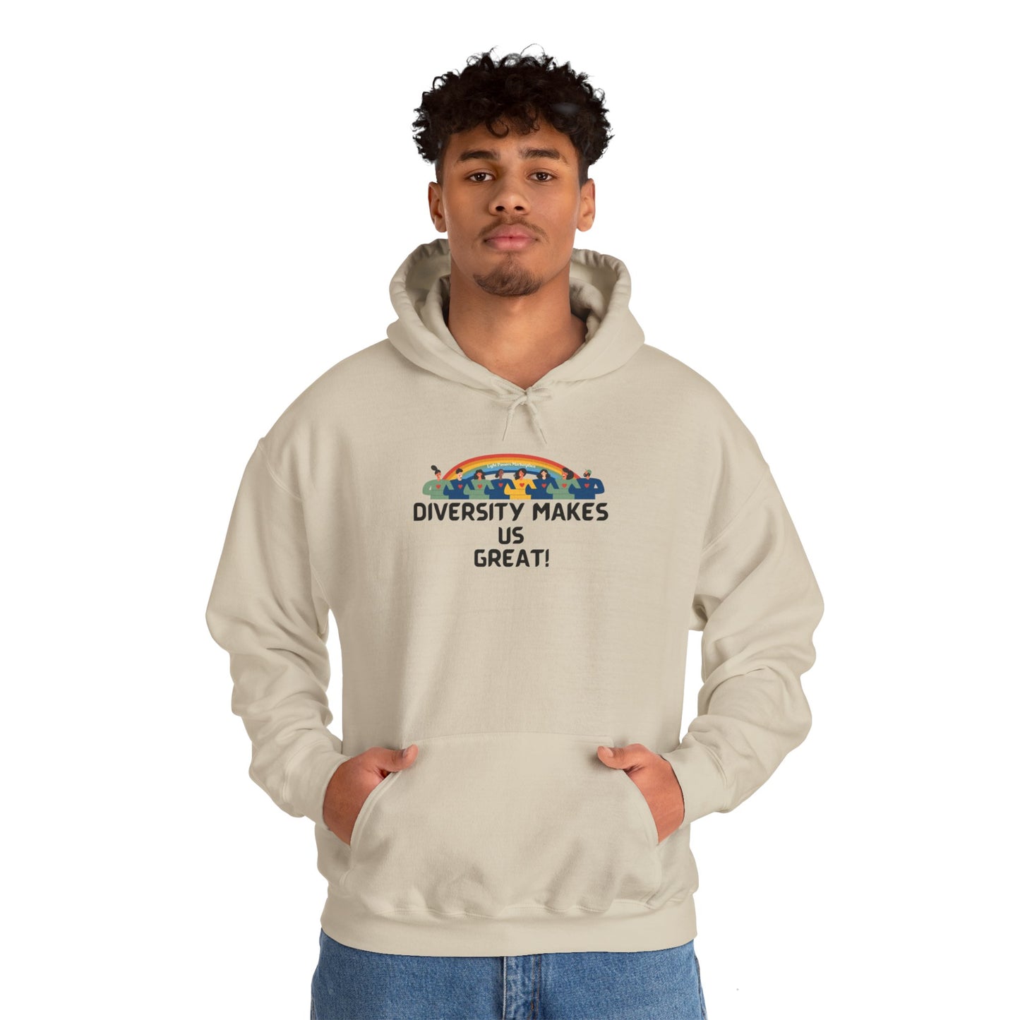 A person wearing a hooded sweatshirt with hands in pockets, showcasing a cozy blend of cotton and polyester for warmth and comfort. Kangaroo pocket and color-matched drawstring add style and practicality.