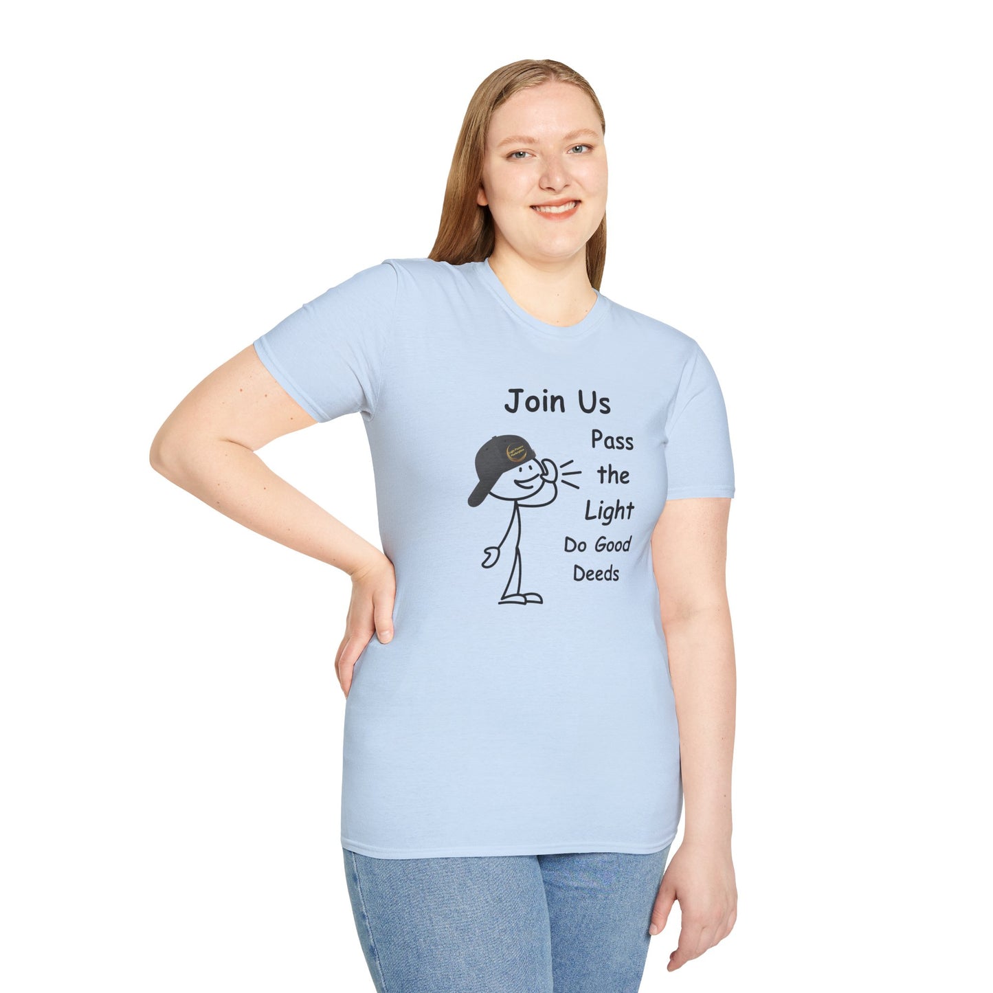 A woman in a blue shirt poses, showcasing the Join Us Do Good Deeds Unisex T-Shirt. Made of soft 100% cotton, featuring twill tape shoulders and a ribbed collar. Ethically crafted by Gildan.