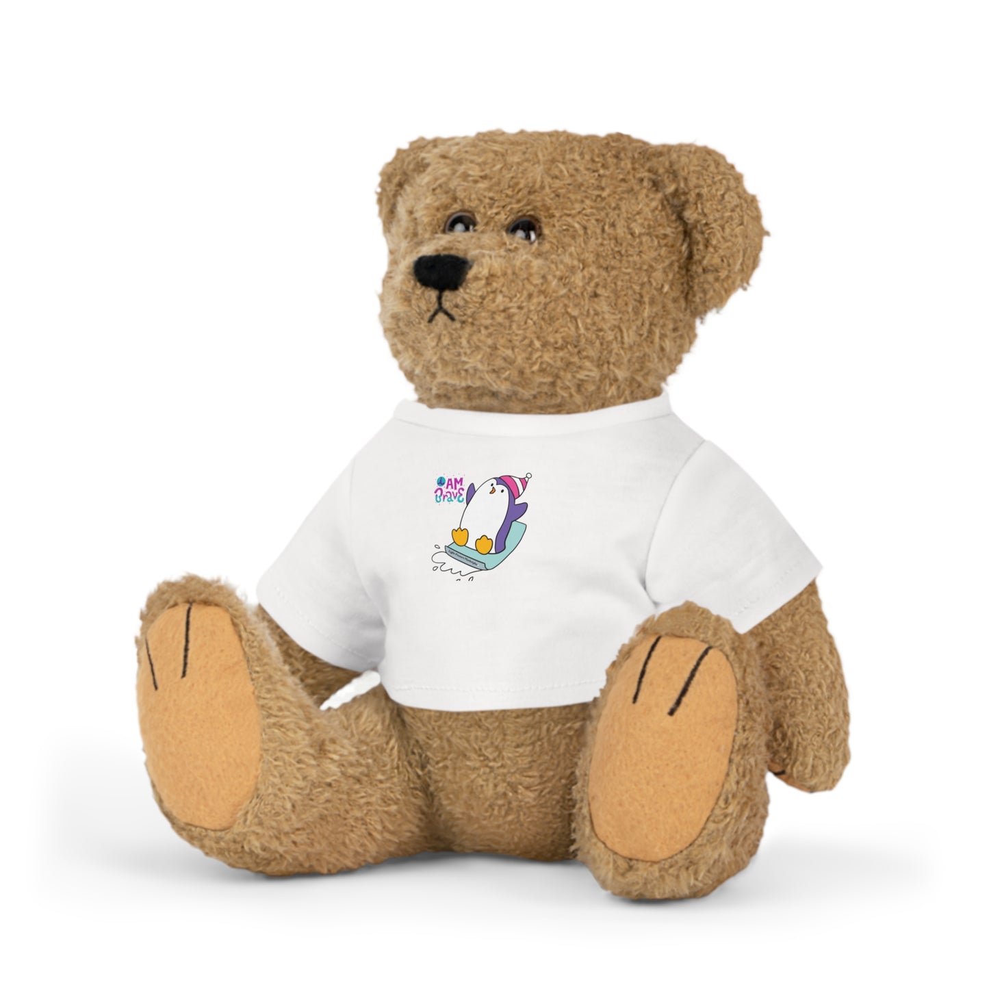 Cool Stuff Stuffies teddy bear with 'I am Brave' Penguin design on a removable white t-shirt. Perfect comforting plush toy made of durable polyester.