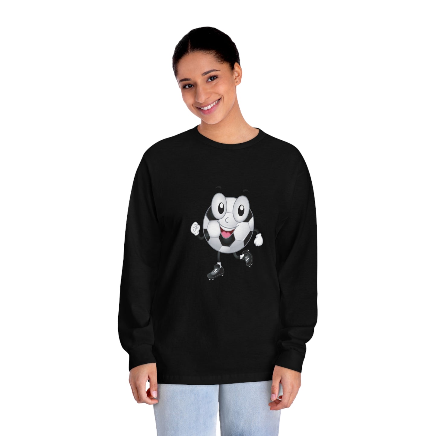 Soccer Ball Guy Long Sleeve Teams Adult Unisex shirt featuring a cartoon football, ideal for sports fans, with a sporty and energetic vibe.