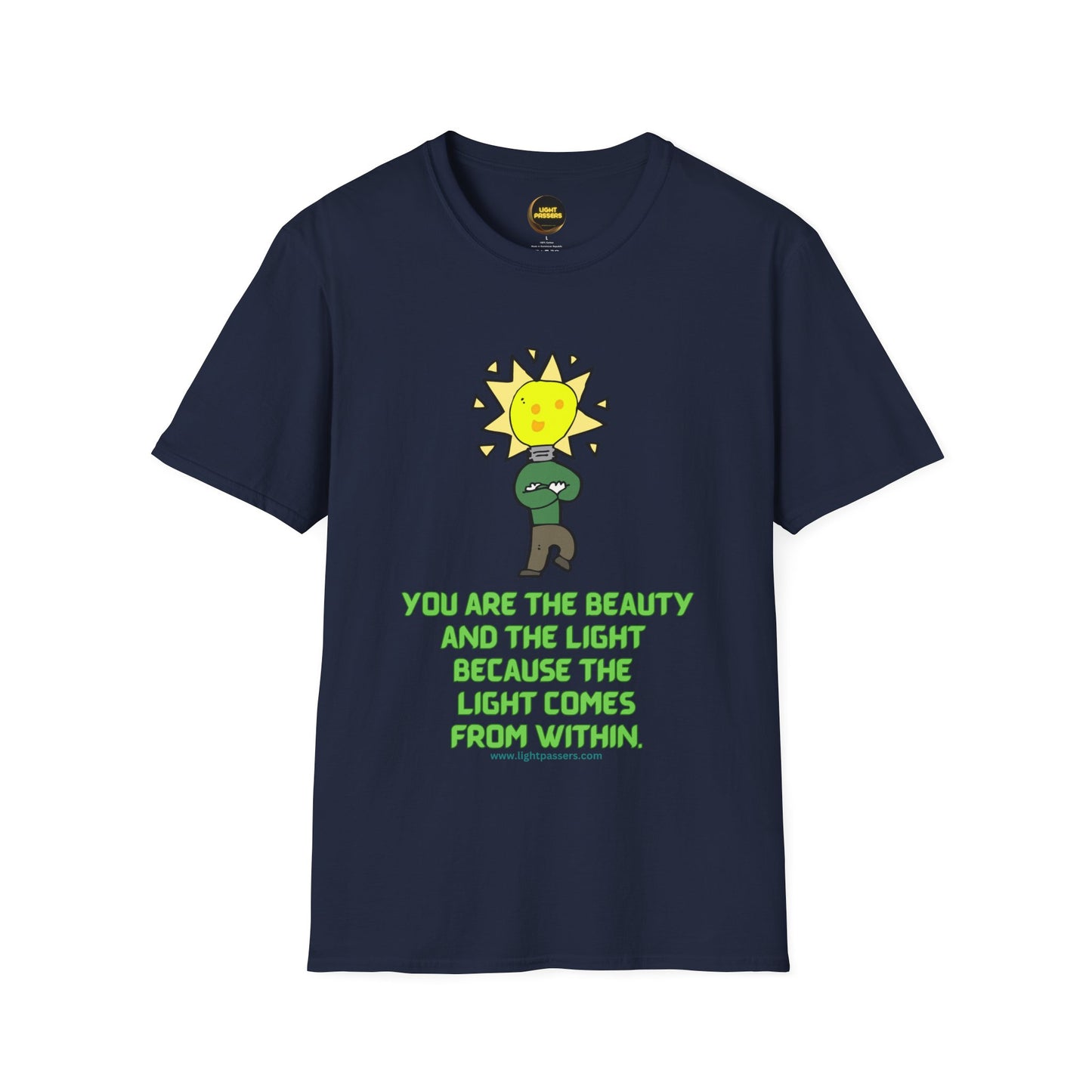 The Light Beauty and The Light Adult Unisex T-Shirt featuring a cartoon light bulb and plant design, promoting inner beauty and positivity.