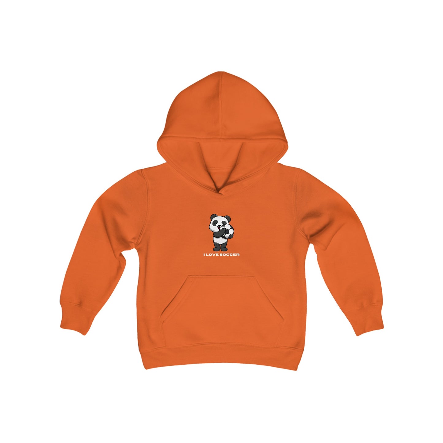 Youth blend hooded sweatshirt featuring a panda playing soccer. Made of soft, preshrunk fleece, 50% cotton 50% polyester. Kangaroo pocket, twill-taped neck, and regular fit.
