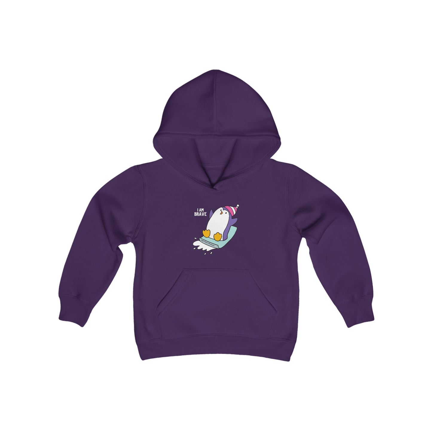Brave Penguin Youth Hoodie featuring a cartoon penguin design, spacious kangaroo pouch pocket, and durable medium-weight fabric, ideal for outdoor winter adventures.
