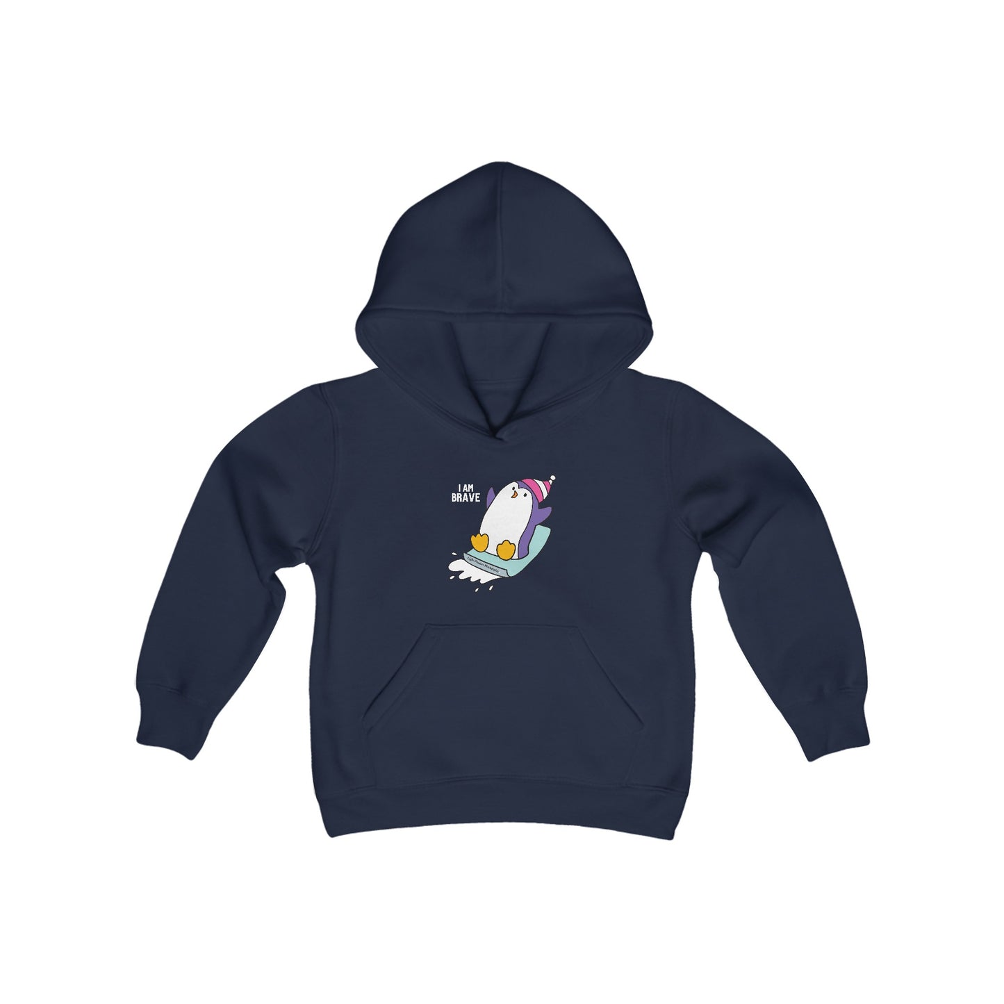 Brave Penguin Youth Hoodie featuring a penguin design, spacious kangaroo pocket, and twill necktape for comfort, ideal for winter adventures.