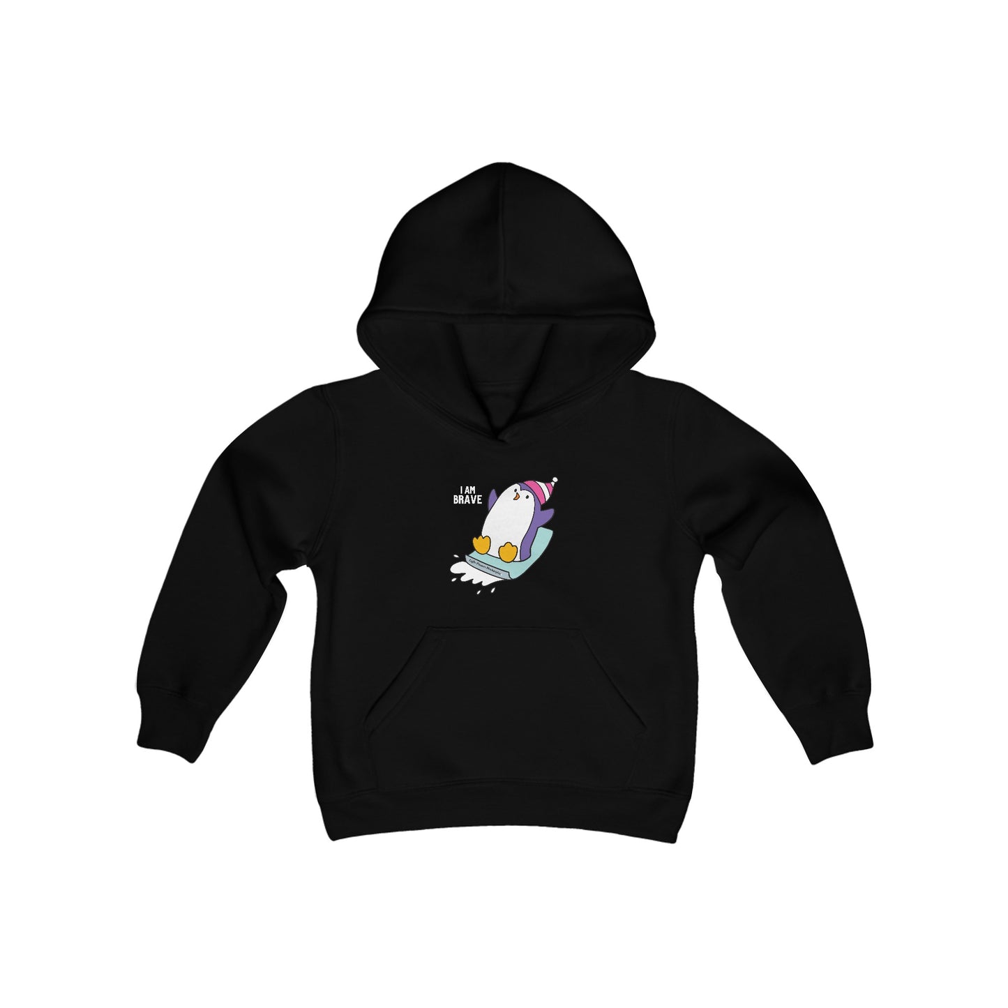 Brave Penguin Youth Hoodie featuring a cartoon penguin snowboarding, includes a spacious kangaroo pocket and durable cotton-polyester blend for winter comfort.
