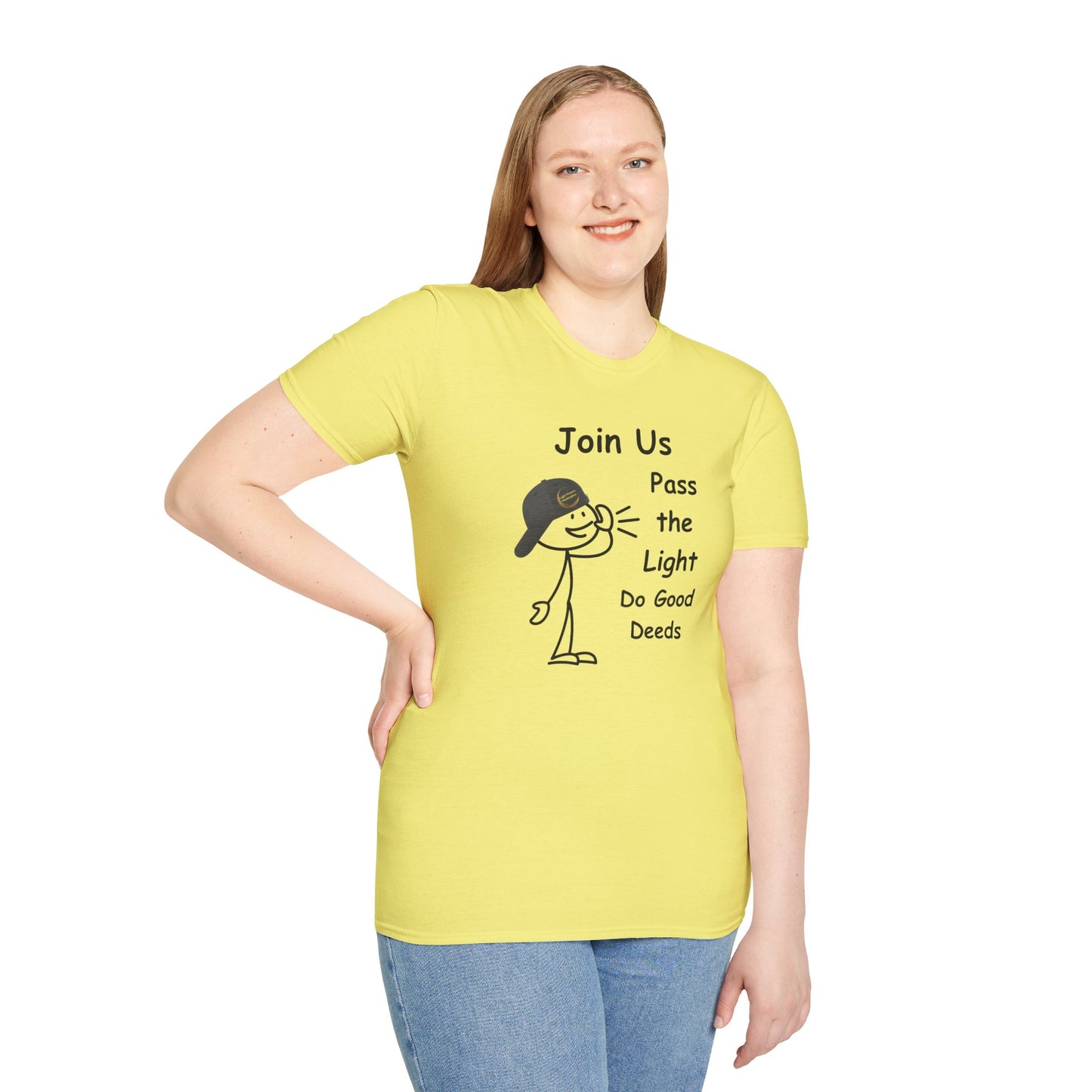 A woman in a yellow shirt smiles, showcasing the Join Us Do Good Deeds Unisex T-Shirt. The soft 100% cotton tee features twill tape shoulders and a ribbed collar for lasting comfort and style.