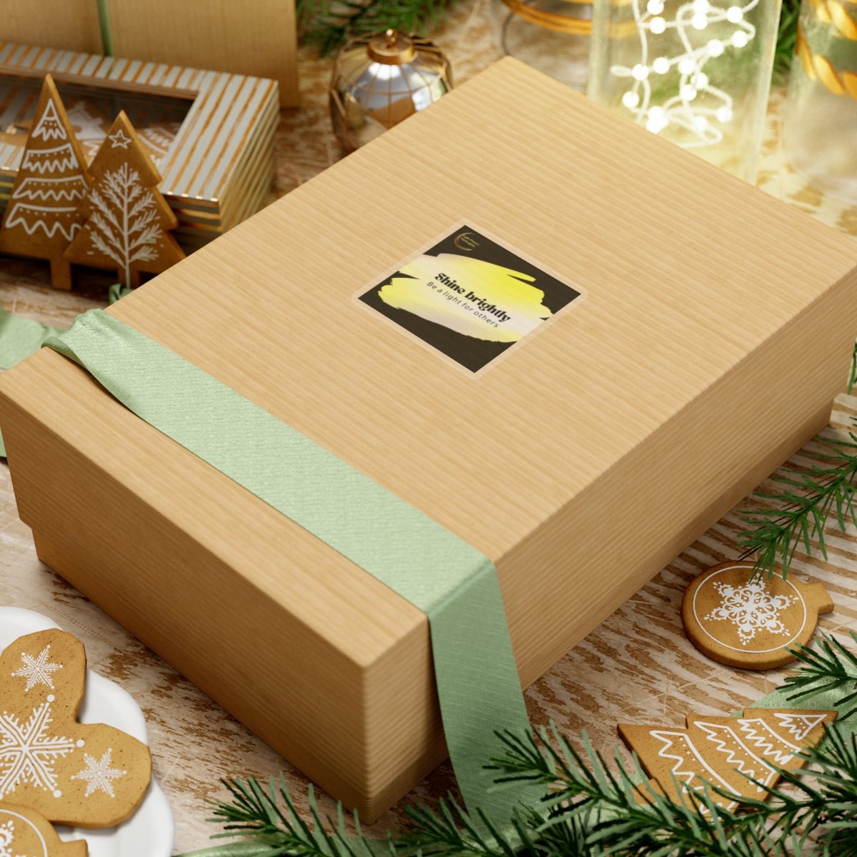 Inspirational Stickers - Put Shine Brightly message, with festive box and ornaments, ideal for decorating personal items to spread positivity during celebrations.