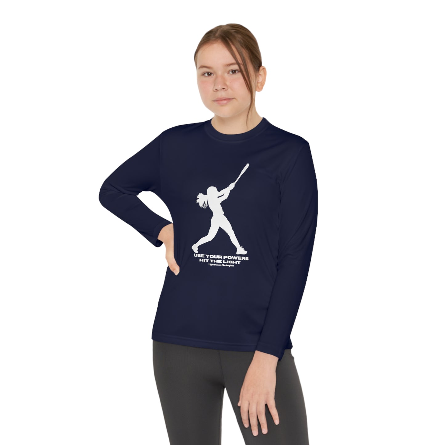 A girl in a Sport-Tek PosiCharge ® Competitor™ tee, swinging a bat silhouette. Long-sleeve, moisture-wicking polyester fabric, lightweight and breathable for active kids.