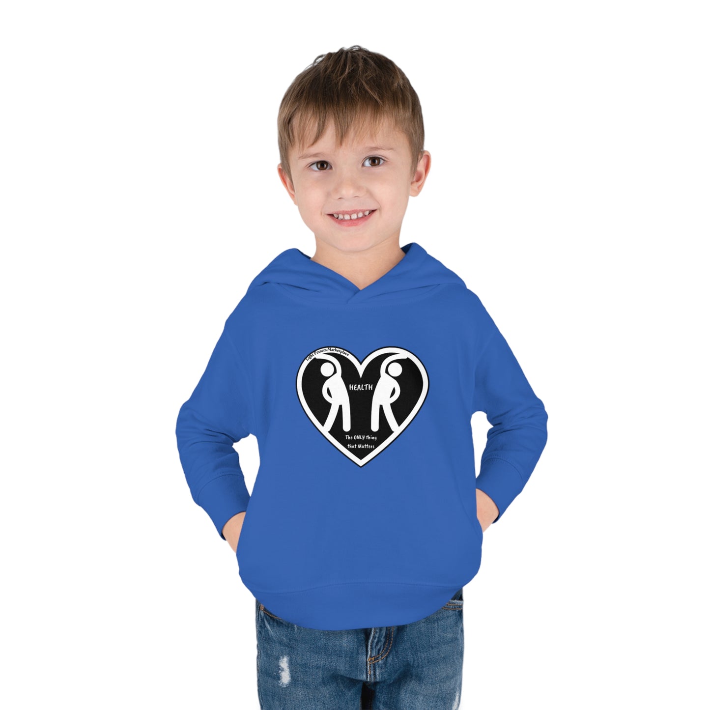 A toddler in a blue hoodie with heart design, surrounded by people, showcasing durability and comfort for active play. Side-seam pockets and EasyTear™ label for convenience.