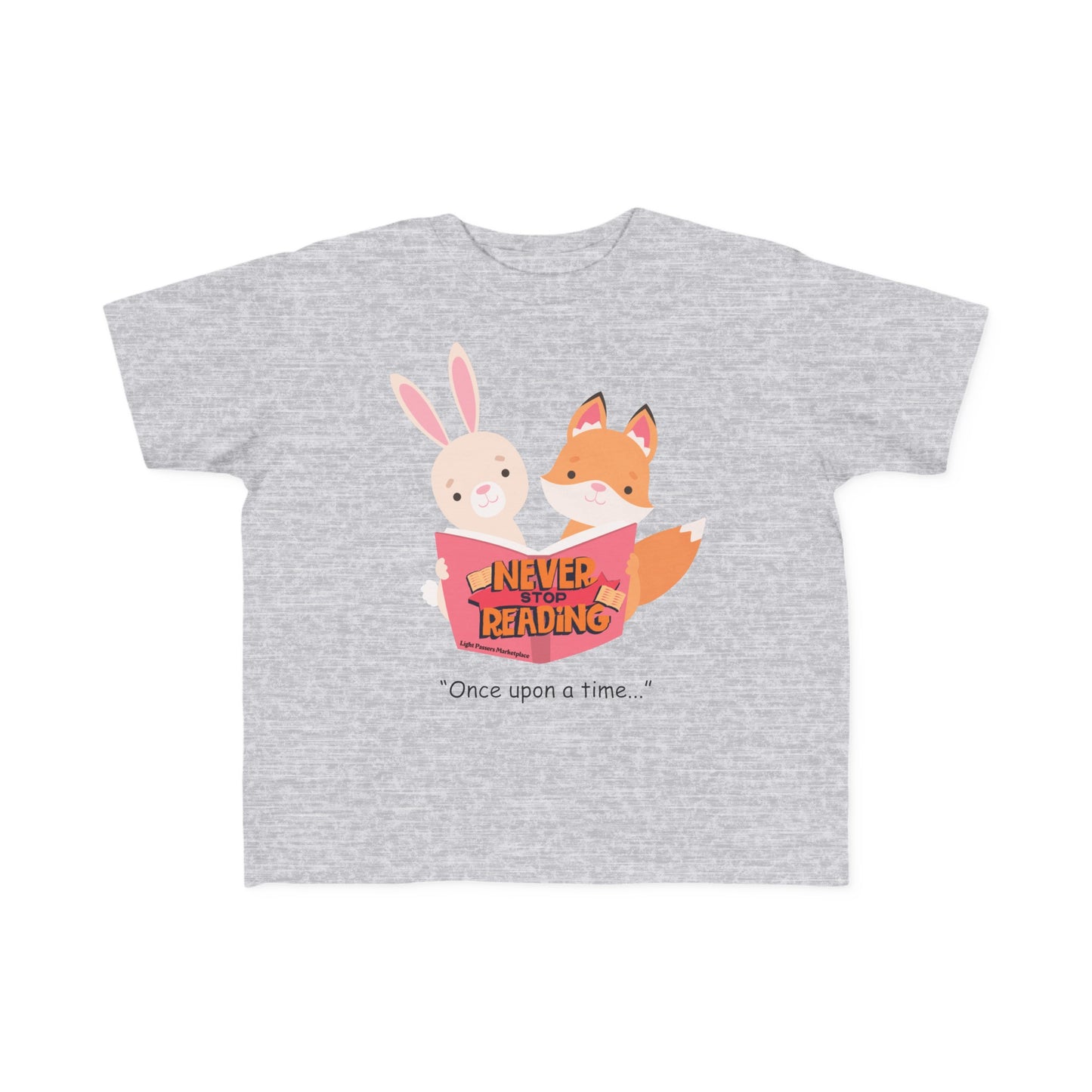 A grey toddler t-shirt featuring a cartoon fox and rabbit reading a book. Made of soft 100% combed cotton, light fabric, tear-away label, and a durable print. Ideal for young readers.
