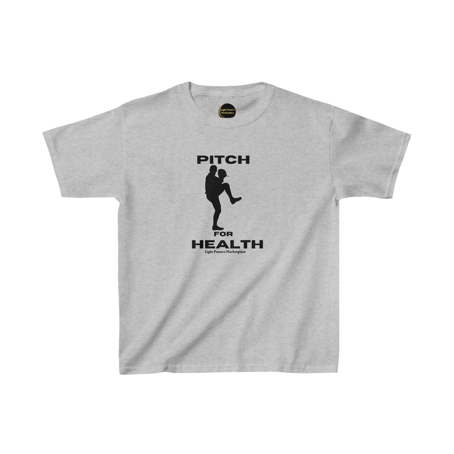 A youth cotton t-shirt featuring a graphic design of a baseball player, ideal for everyday wear. Made with 100% US cotton, twill tape shoulders, and curl-resistant collar for durability and comfort.