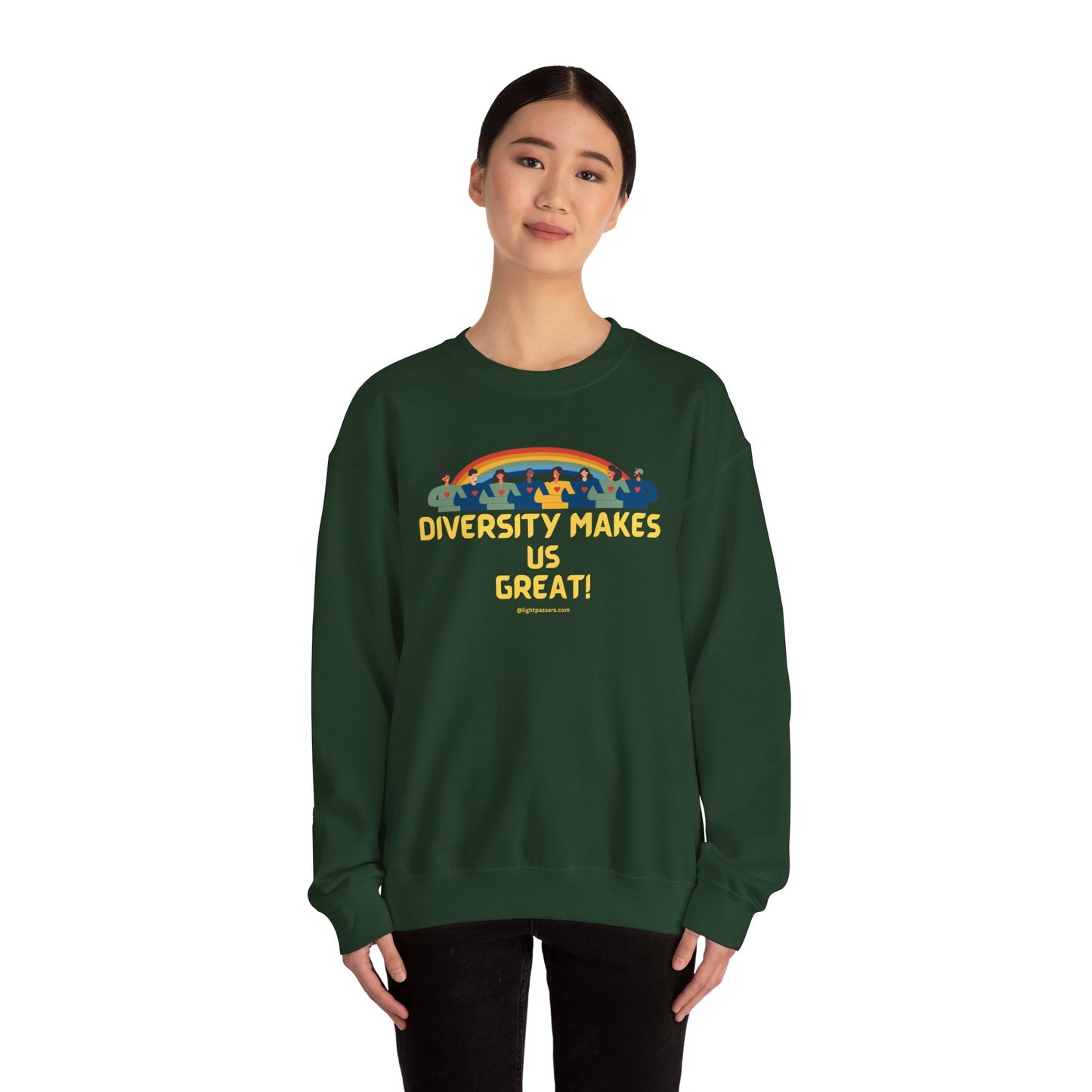 A person in a green sweatshirt with yellow text, showcasing a comfortable unisex crewneck sweatshirt made from a blend of polyester and cotton for durability and coziness.