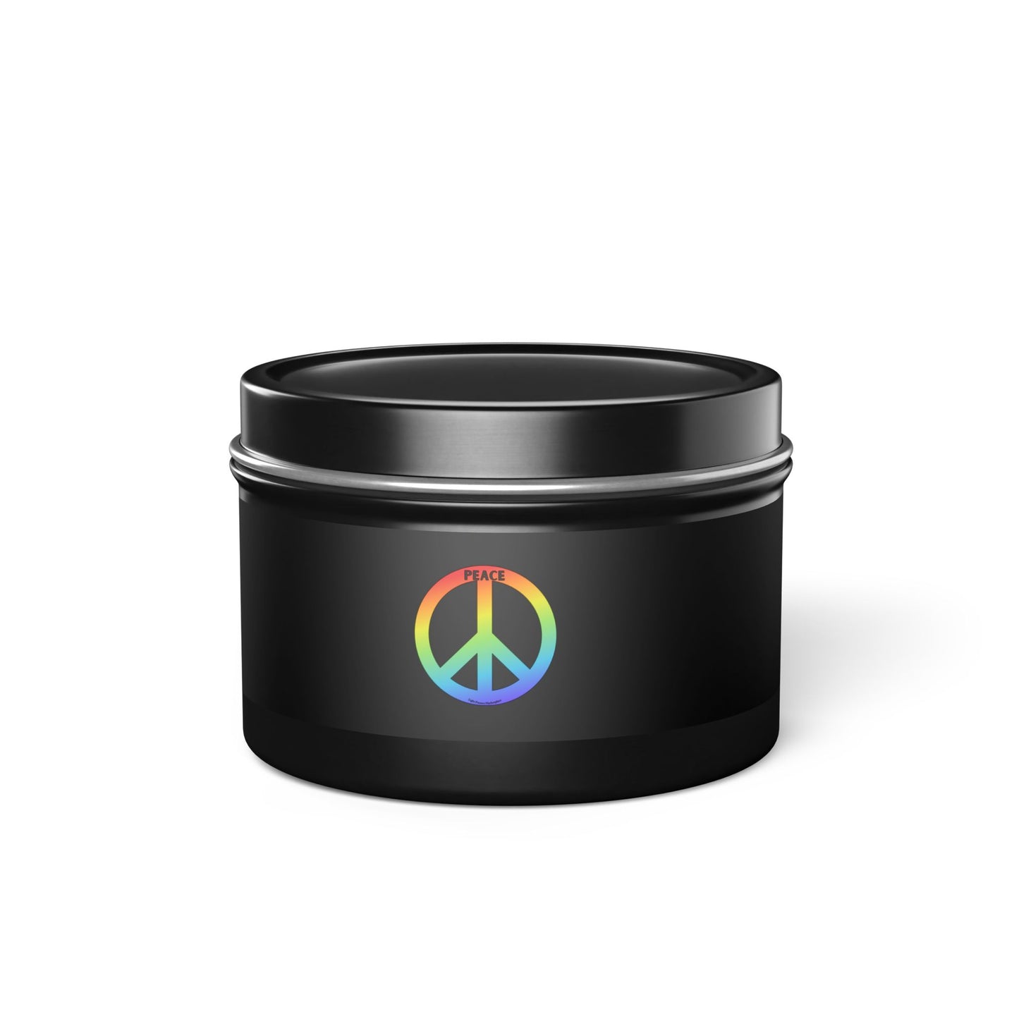 Tin Candle - Peaceful Relaxation Aroma, black container with rainbow peace sign, eco-friendly coconut soy wax, hand-poured, reusable tin.
