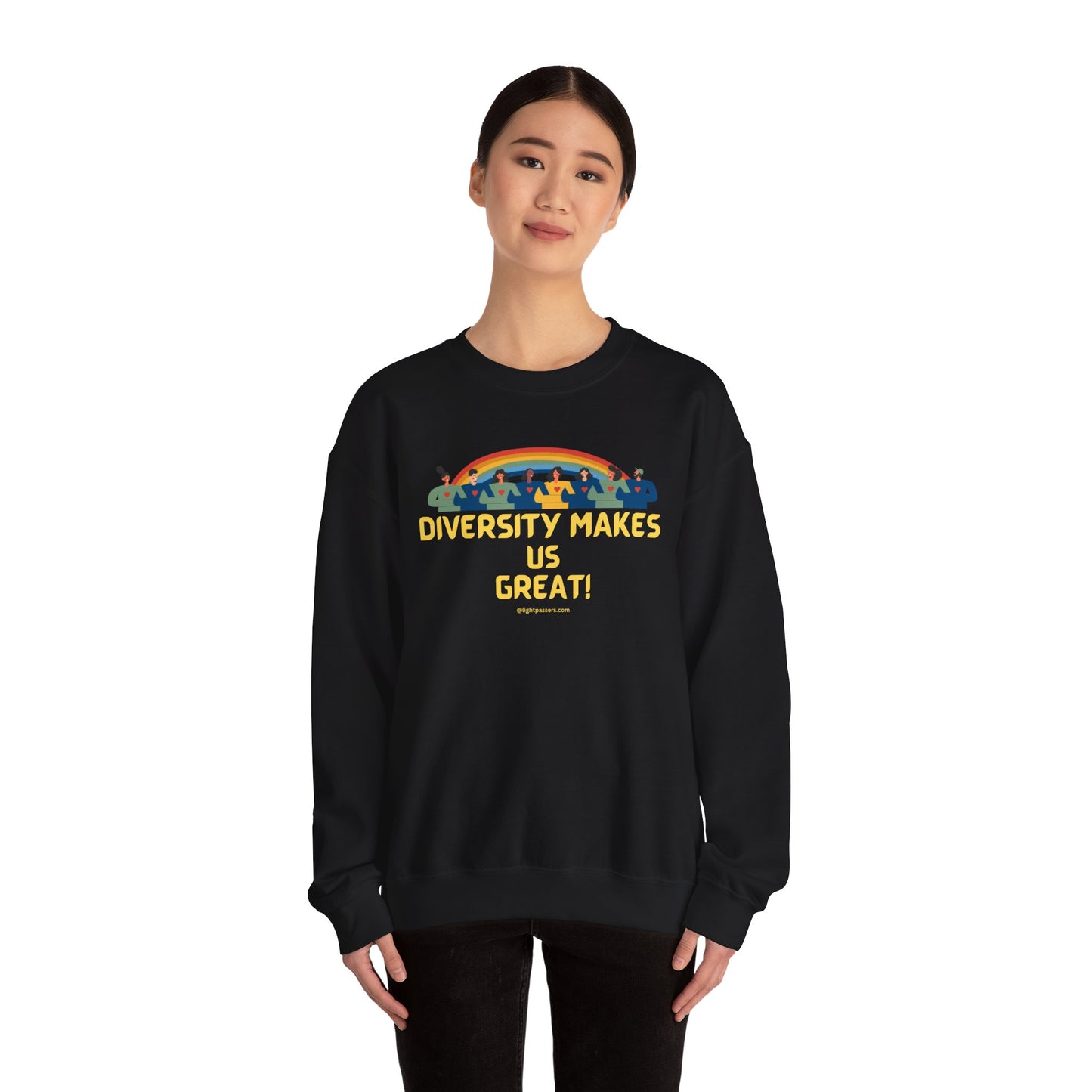 A unisex crewneck sweatshirt featuring a woman in black attire, made of 50% cotton and 50% polyester blend for comfort and durability. Ethically sourced and designed for coziness in colder weather.