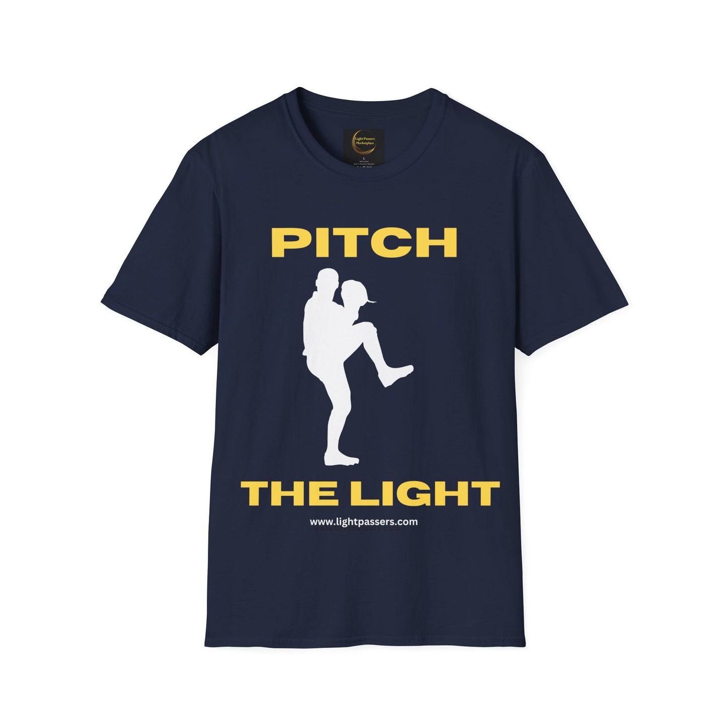 Unisex t-shirt with a baseball player graphic in blue. Soft 100% cotton, twill tape shoulders, no side seams, ribbed collar. PITCH THE LIGHT yellow lettering.