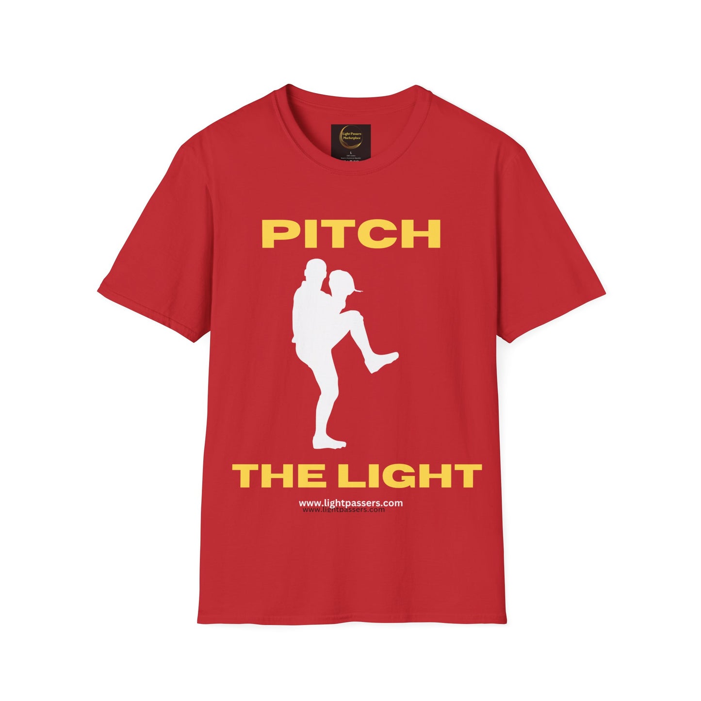 Unisex soft-style t-shirt featuring PITCH THE LIGHT yellow lettering graphic of a man and baseball player. 100% cotton, twill tape shoulders, tear-away label, Eurofit. No side seams.