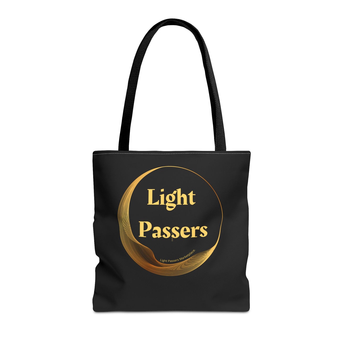 Cool Stuff Accessories Light Passers Gold Logo Tote Bag, featuring a black design with gold text and logo, available in three sizes with durable polyester fabric.
